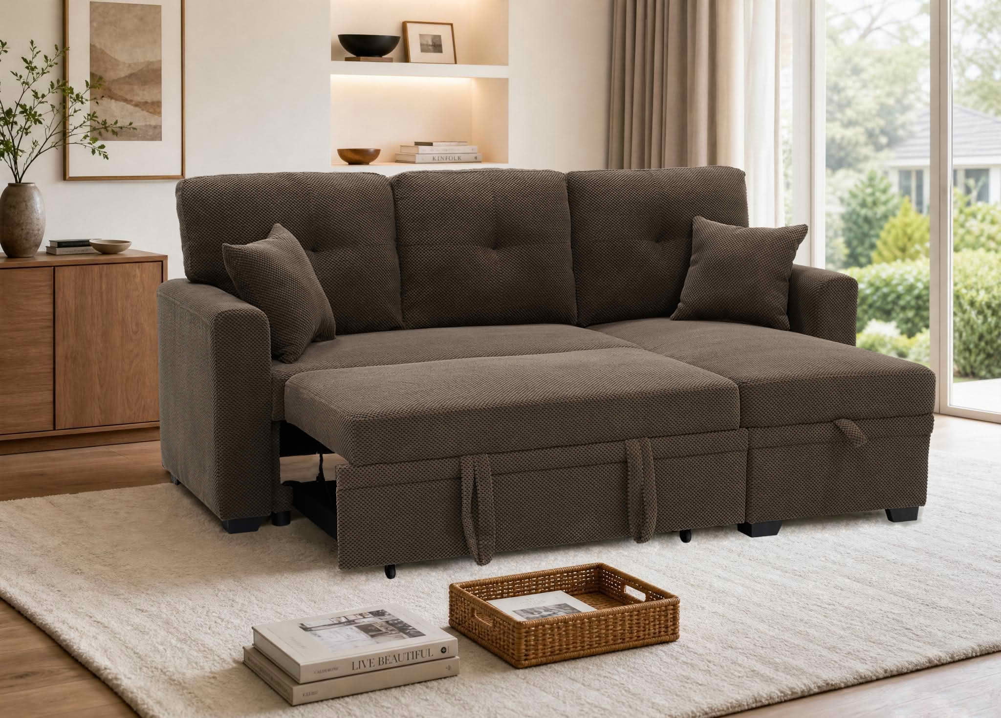 MAYEERTY L‑Shaped Sleeper Sectional Sofa, Convertible Pull‑Out Bed with Reversible Storage Chaise, Dark Gray Breathable Polyester Fabric for Small Living Spaces
