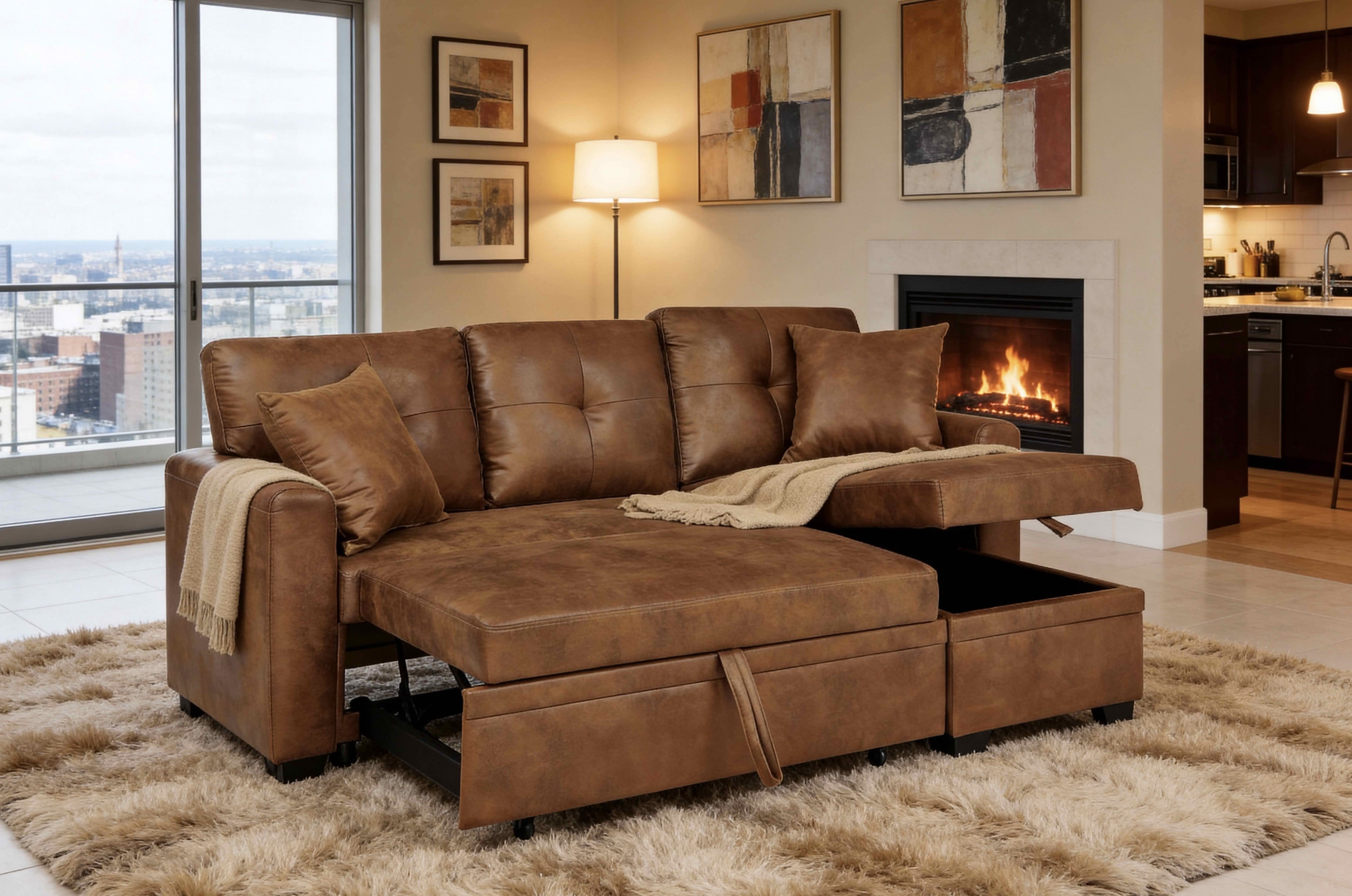 MAYEERTY L‑Shaped Sleeper Sectional Sofa, Convertible Pull‑Out Bed with Reversible Storage Chaise, Light Brown Breathable Fabric for Small Living Spaces