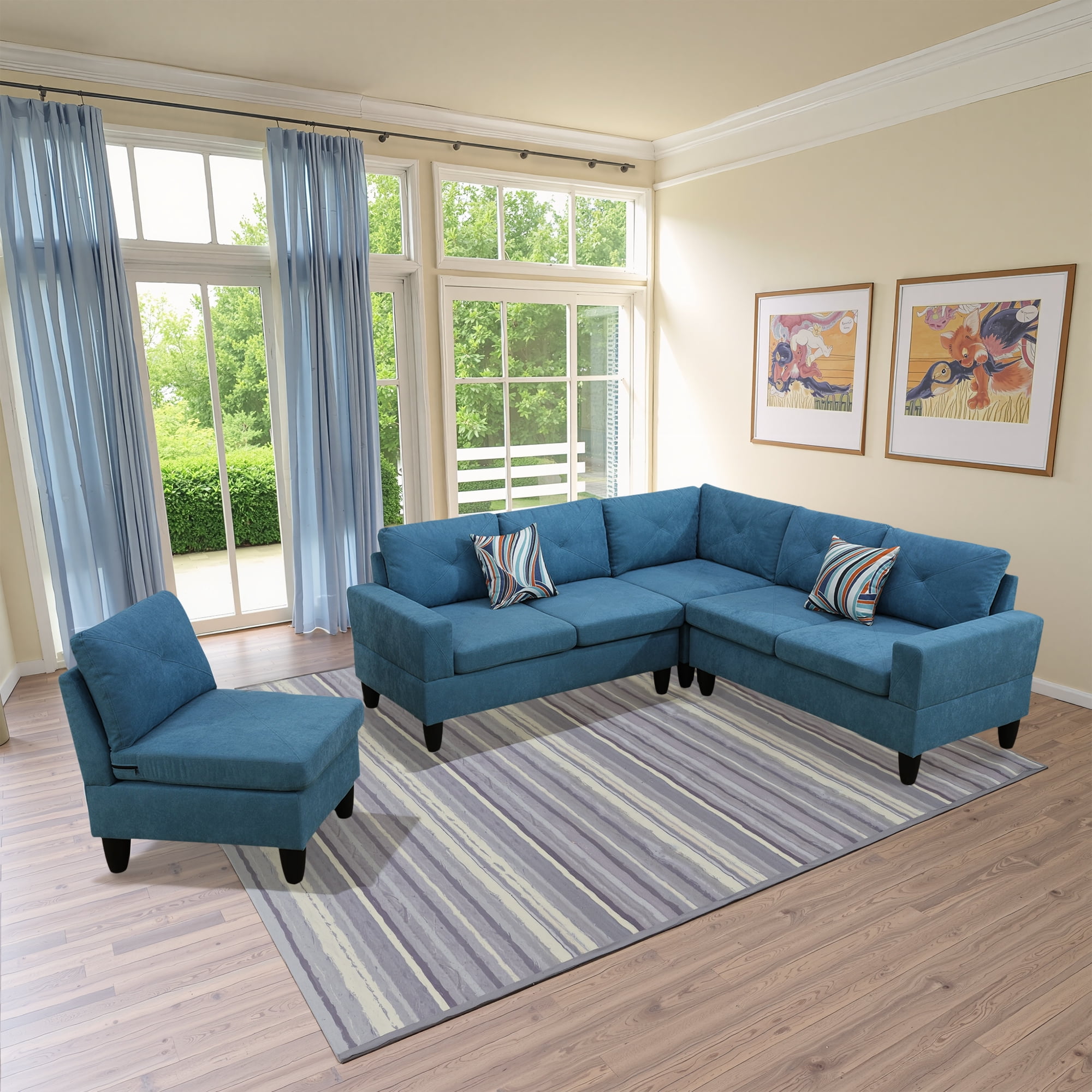 MAYEERTY Calico 4-Piece Couch Living Room Sofa Set，Lake Blue