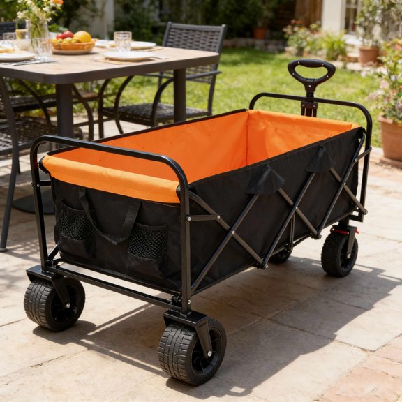 MAYEERTY Large Capacity Folding Wagon Cart, 150LBS Extender Brake Wheels, Black Orange for Garden Beach Shopping