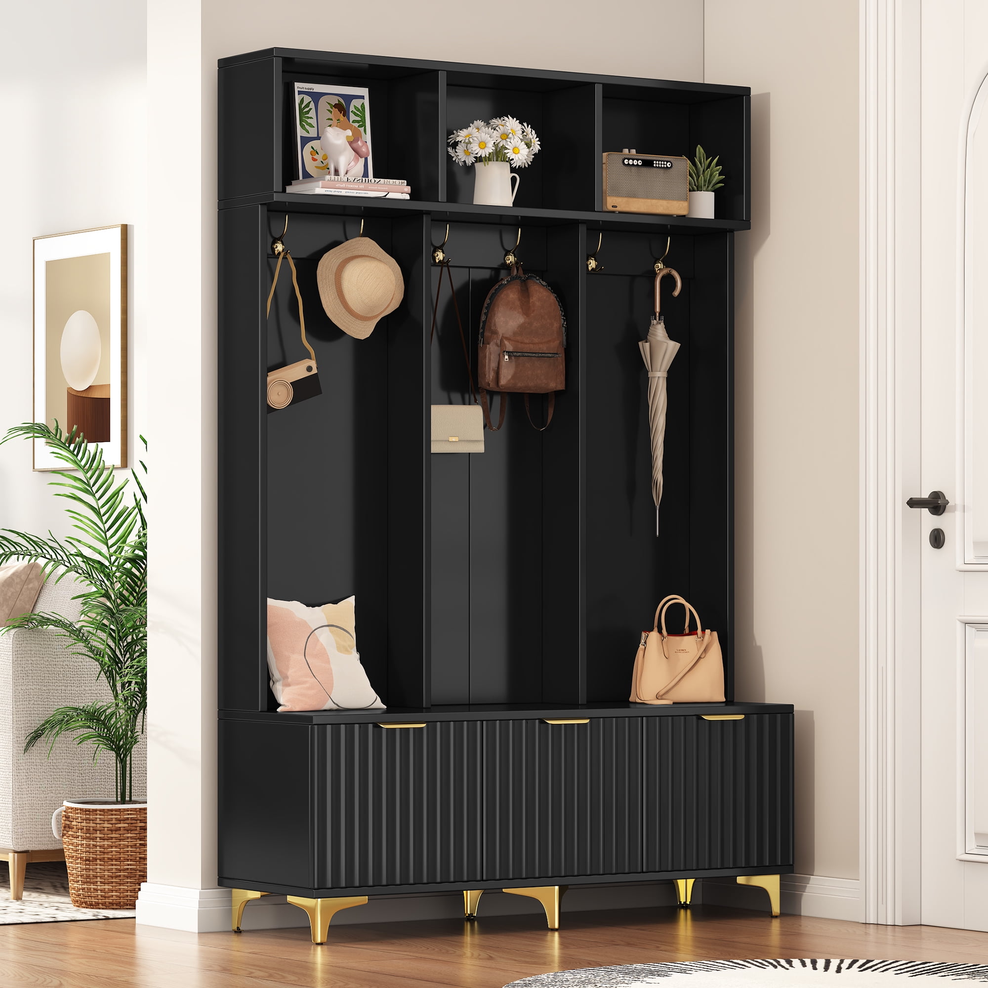 MAYEERTY Large Storage Hall Tree: Bench, Fluted Doors, 6 Gold Hooks, for Entryway, Living Room, White