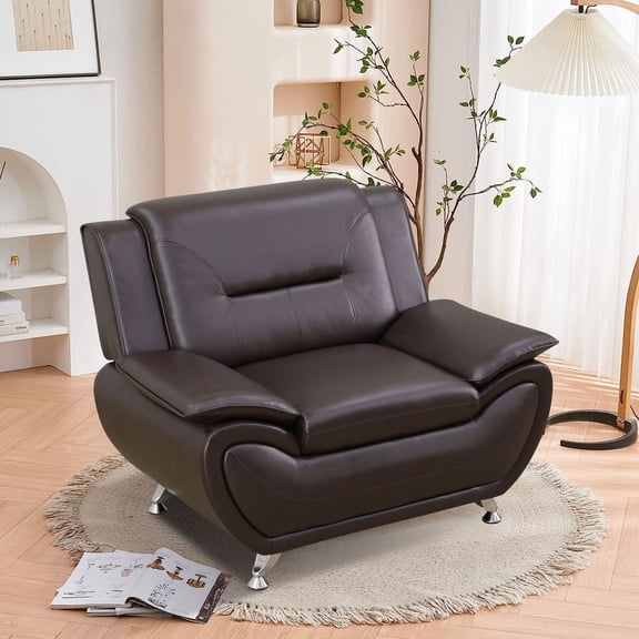 MAYEERTY Leather Accent Chair, Sofa Chair with Anti-Insect Solid Wood Frame Living Room Chair, Brown