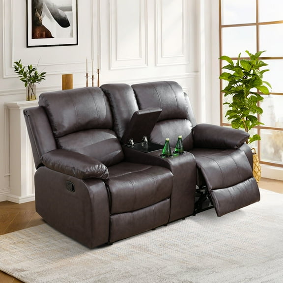 MAYEERTY Leather Recliner Loveseat, 2-Seater Ergonomic Reclining Sofa with Storage Bucket & Cup Holders, for Living Room
