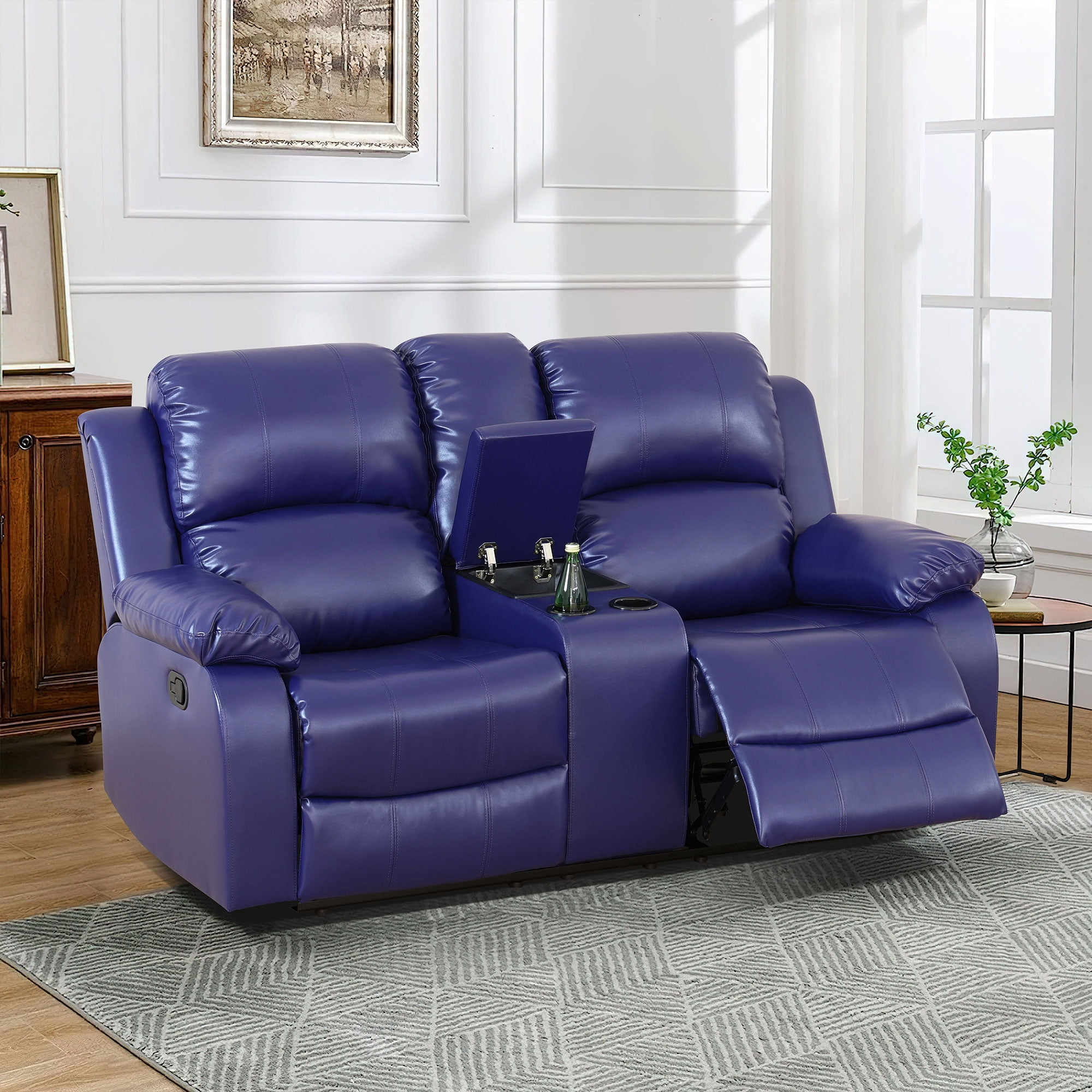 MAYEERTY Leather Recliner Loveseat, 2-Seater Reclining Sofa with Storage Bucket, Cup Holder & Adjustable Angle, for Living Room, Small Space