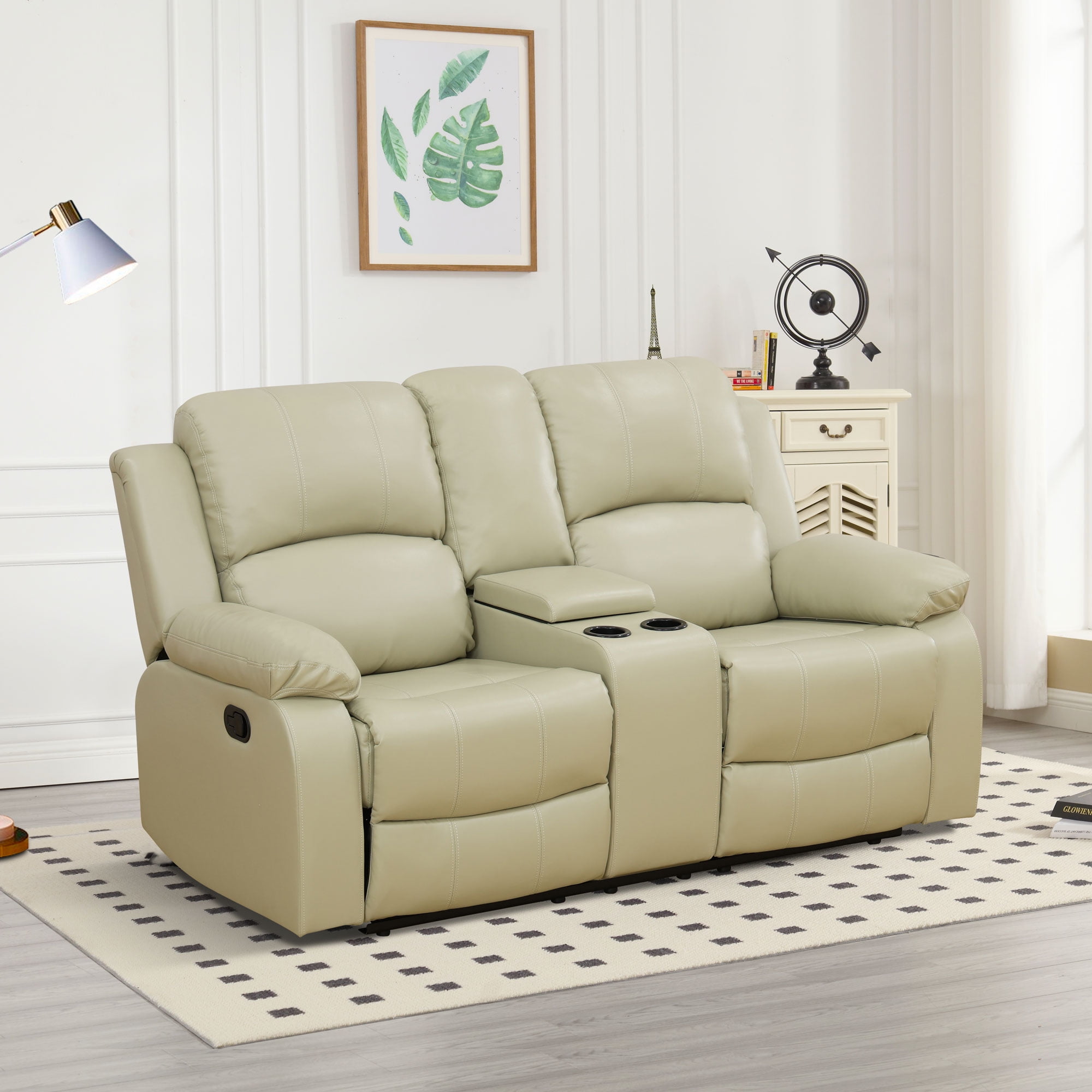 MAYEERTY Leather Recliner Loveseat, 2-Seater Reclining Sofa with Storage Bucket & Cup Holder, for Living Room, Small Space