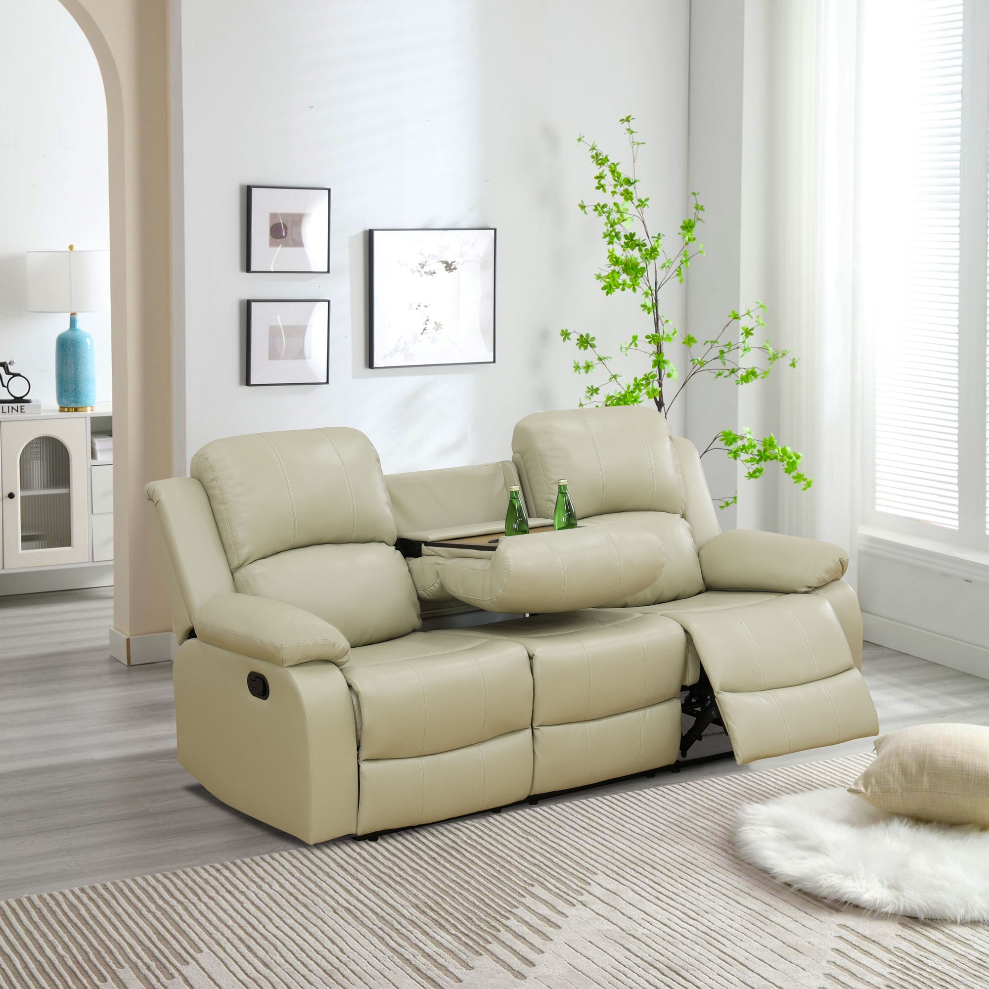 MAYEERTY Leather Recliner Sofa, 3-Seater Reclining Couch with Reversible Coffee Table, Adjustable Angle, for Living Room, Small Space