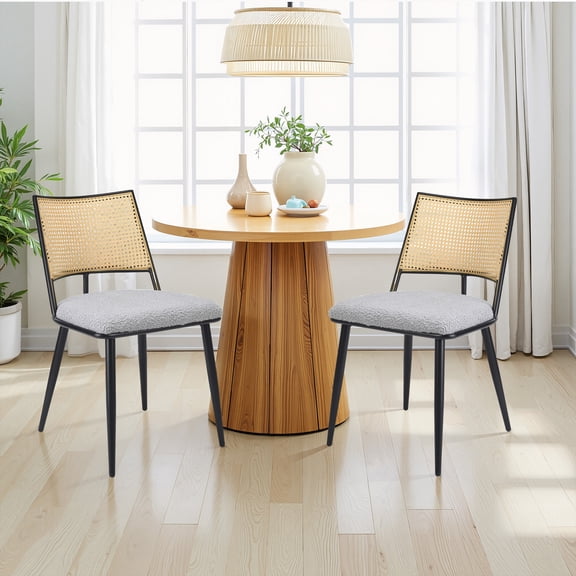 MAYEERTY Light Gray Dining Chairs Set of 2, Rattan Backrest, Metal Frame, Boucle Upholstery for Living Room