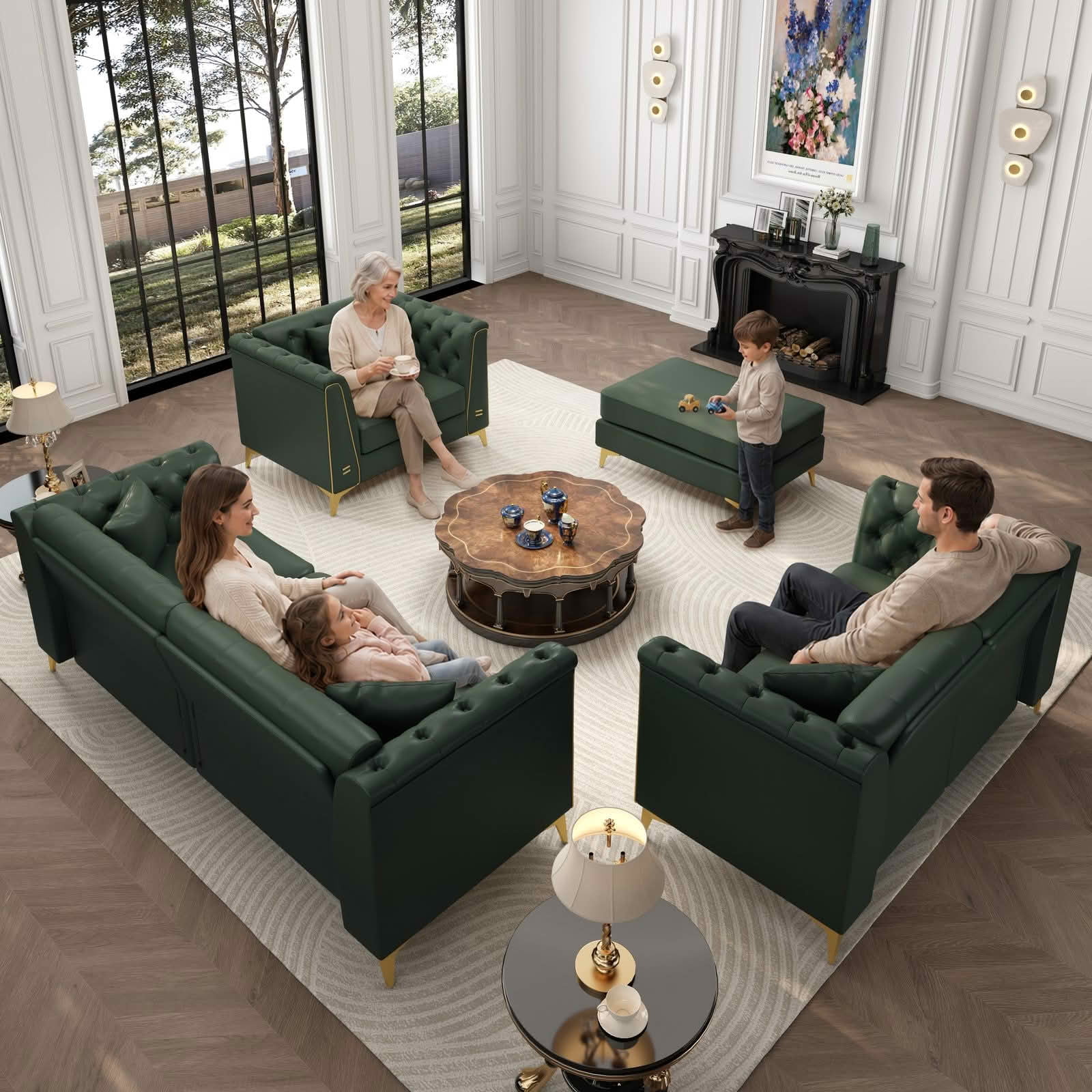 MAYEERTY Light Luxury Modular Chesterfield Sectional Sofa Set, Faux‑Leather Combination with Button Tufting, Metal‑Trim Armrest & Slim Metal Legs, 6 Pillows Included for Living Room