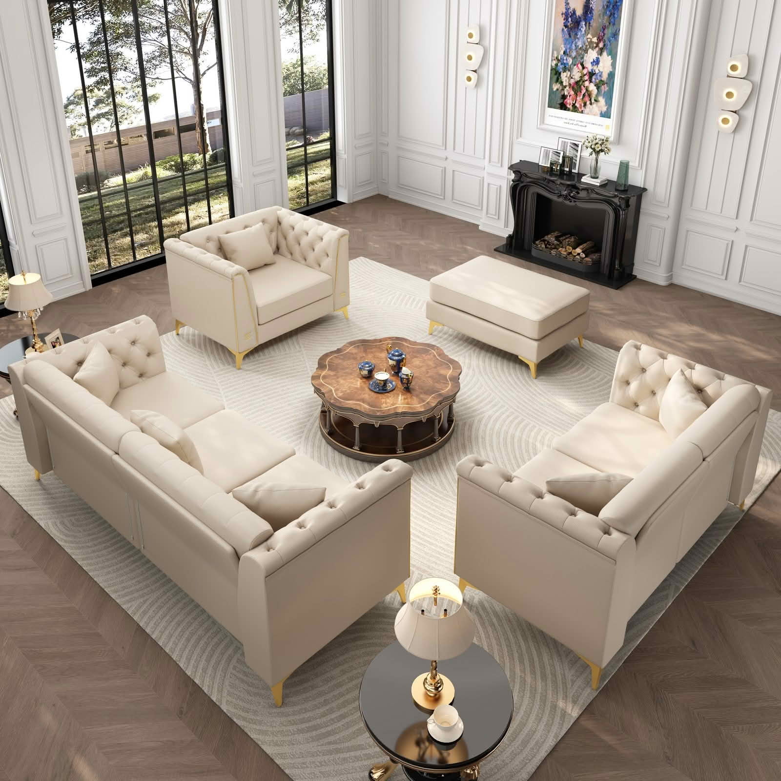 MAYEERTY Light Luxury Modular Chesterfield Sectional Sofa Set, Faux‑Leather Combination with Button Tufting, Metal‑Trim Armrest & Slim Metal Legs, 6 Pillows Included for Living Room