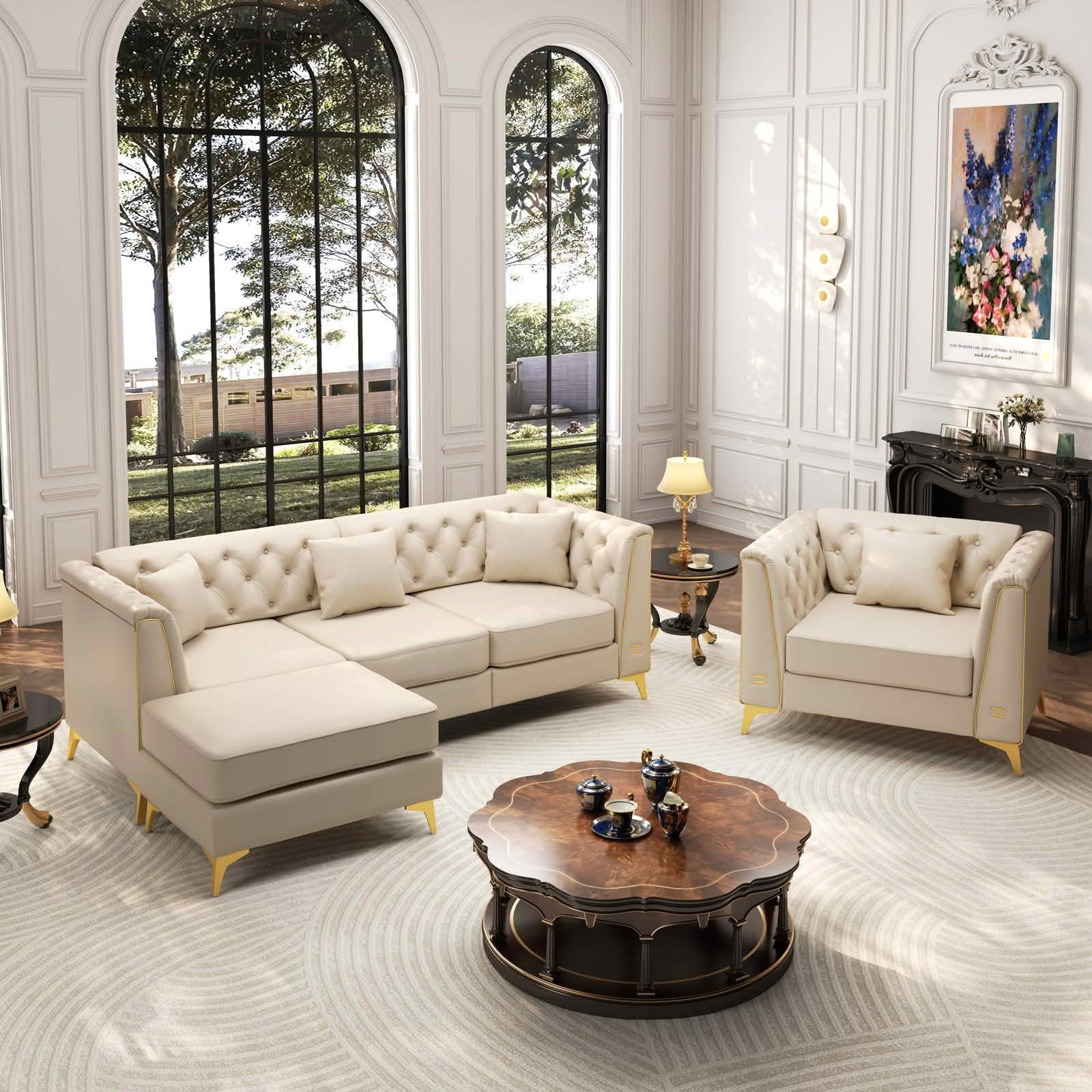 MAYEERTY Light Luxury Modular Chesterfield Sofa Combination, Faux‑Leather Sectional with Button Tufting, Metal‑Trim Armrest & Slim Metal Legs, 4 Pillows Included