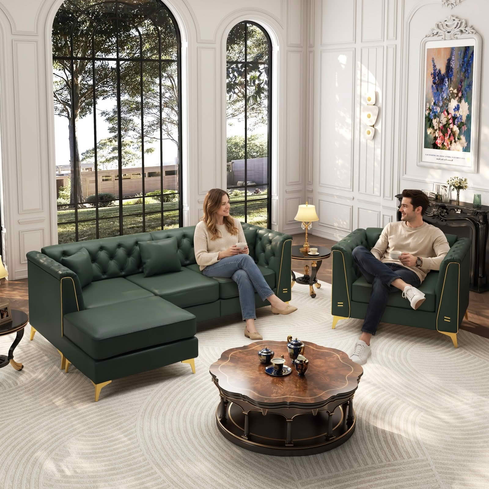 MAYEERTY Light Luxury Modular Chesterfield Sofa Combination, Faux‑Leather Sectional with Button Tufting, Metal‑Trim Armrest & Slim Metal Legs, 4 Pillows Included