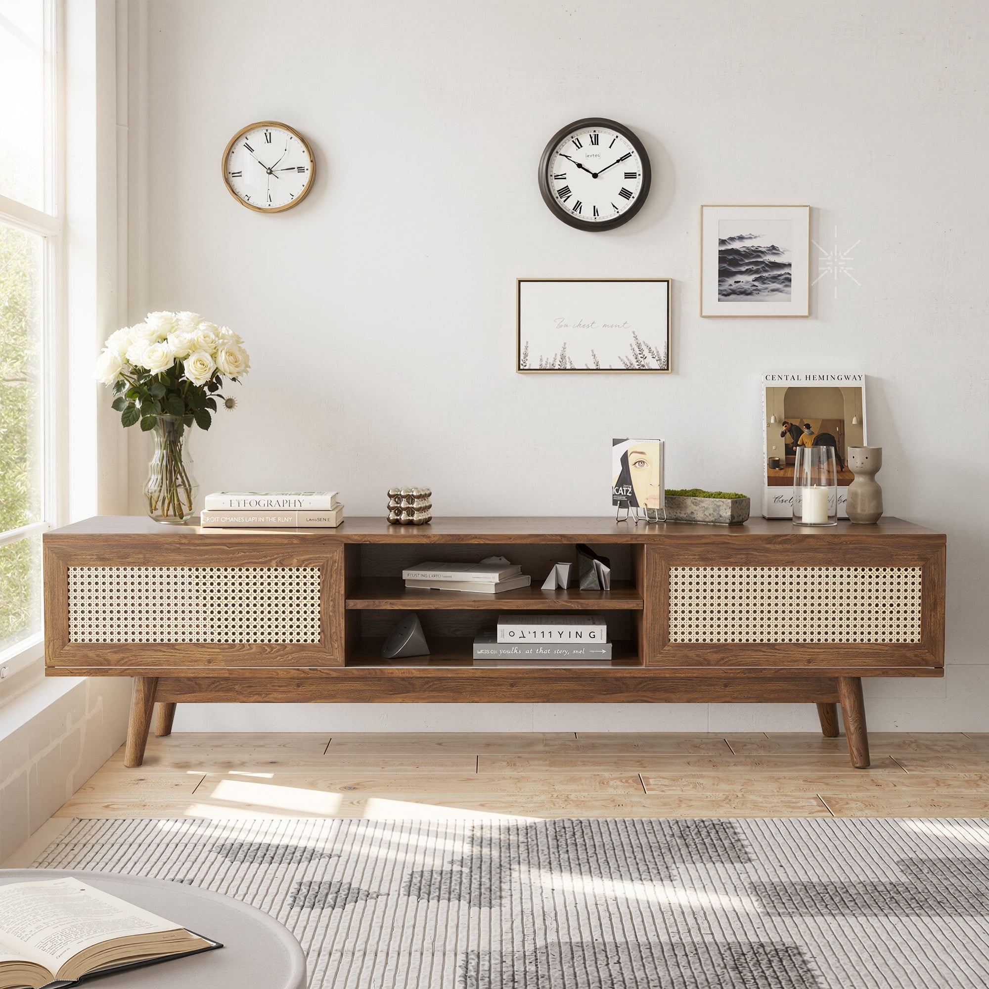 MAYEERTY Light Walnut 65" Mid Century Modern TV Stand, Boho Media Console with Cable Management for Living Room