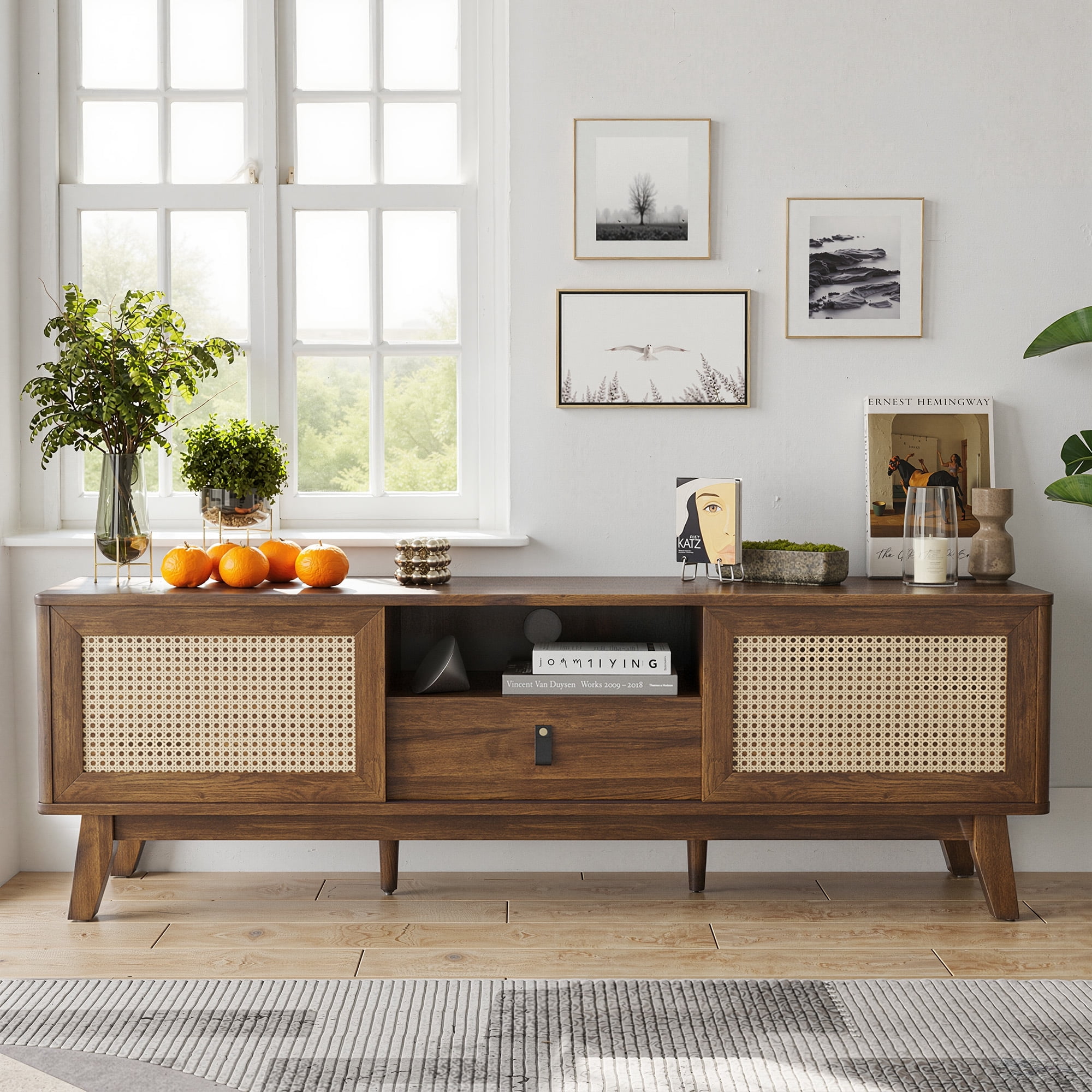 MAYEERTY Light Walnut 70"Rattan&Wood TV Stand, Boho Media Console with Drawer& 2 Cabinets for Living Room