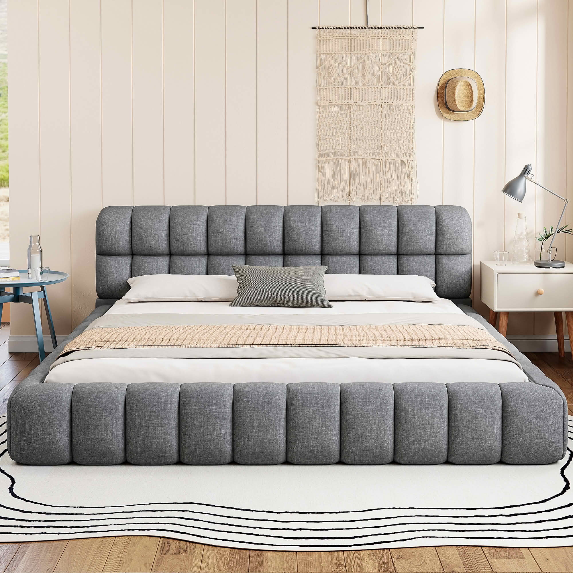 MAYEERTY Linen Upholstered Platform Bed with Elegant Design, Sturdy Stable Frame & Easy Assembly