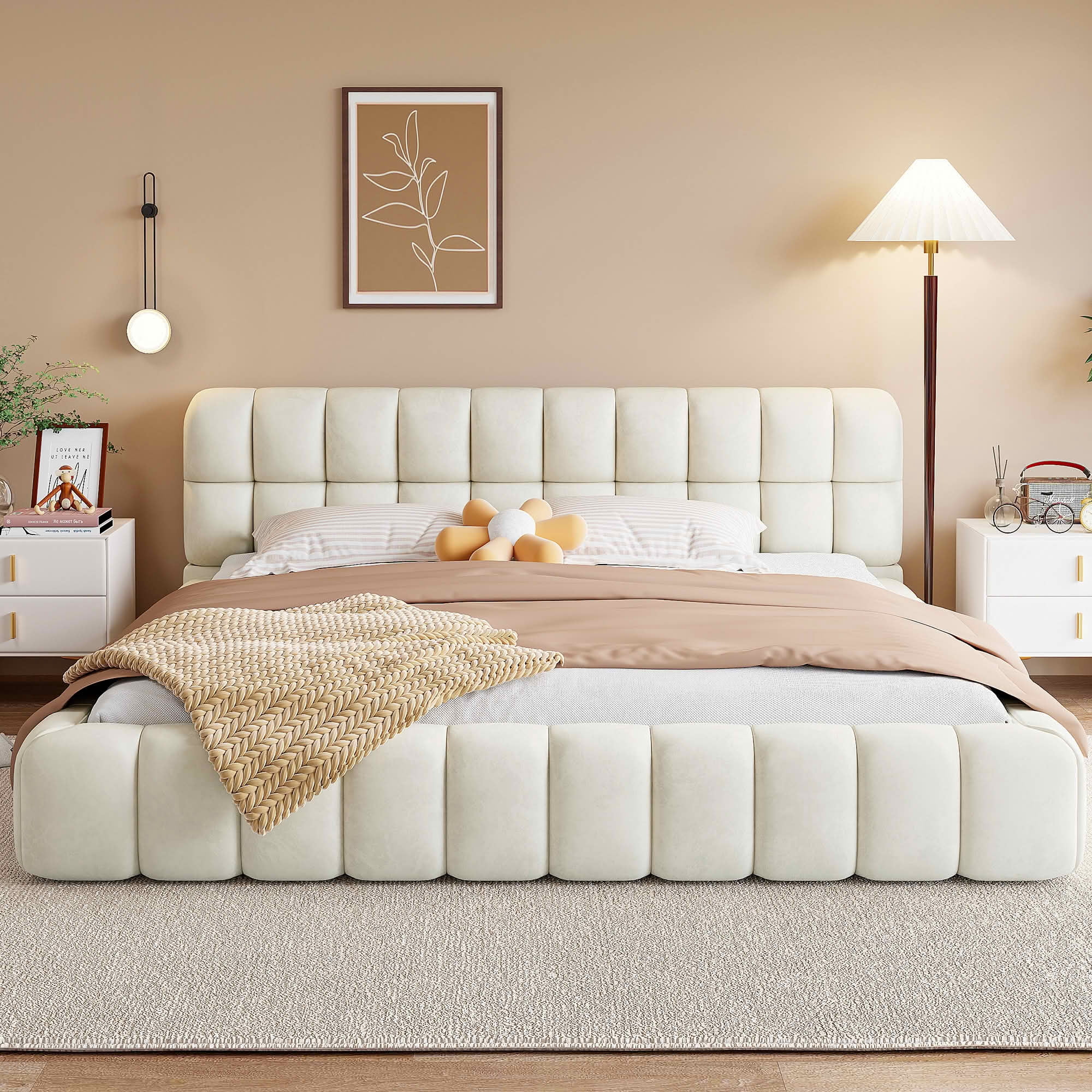 MAYEERTY Linen Upholstered Platform Bed with Elegant Design, Sturdy Stable Frame & Easy Assembly