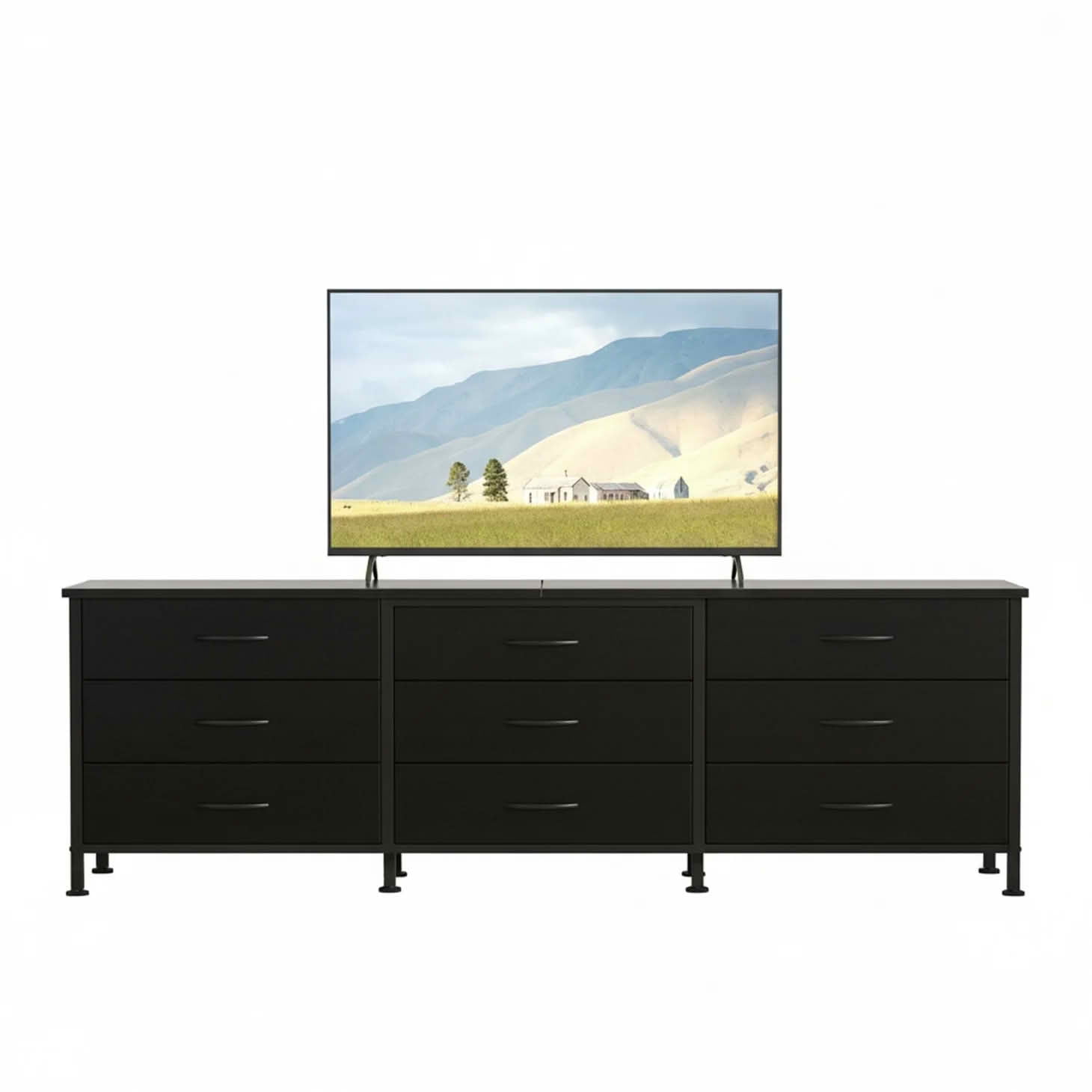 MAYEERTY Living Room TV Stand with 9 Fabric Drawers, Media Storage Console Furniture