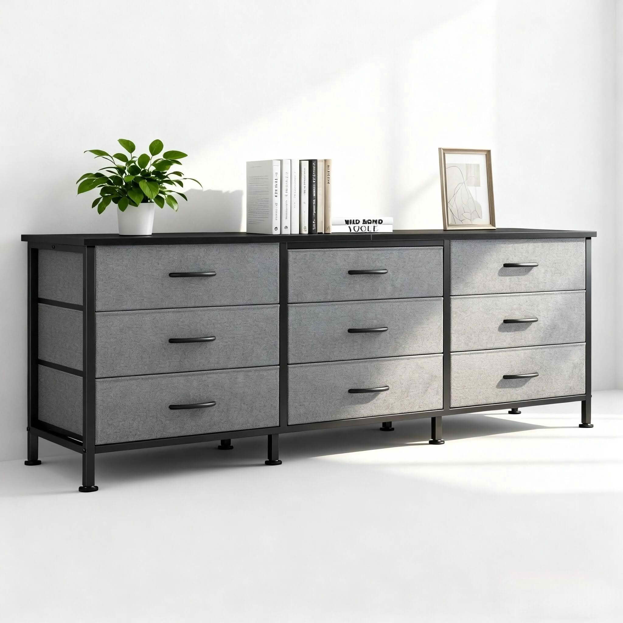 MAYEERTY Living Room TV Stand with 9 Fabric Drawers, Media Storage Console Furniture