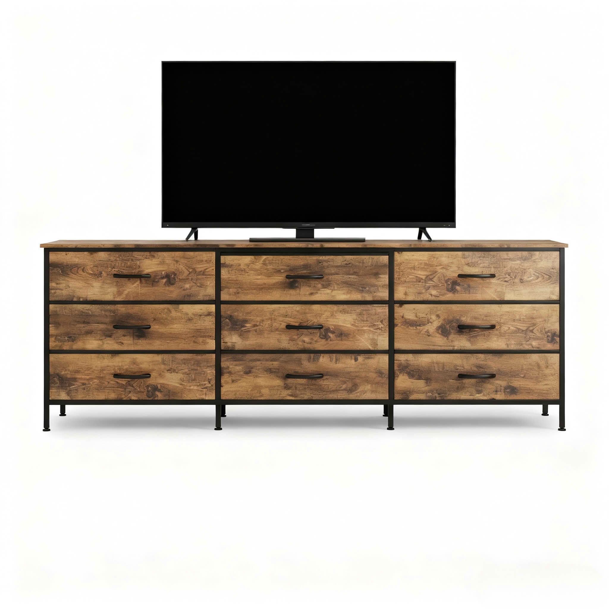 MAYEERTY Living Room TV Stand with 9 Fabric Drawers, Media Storage Console Furniture