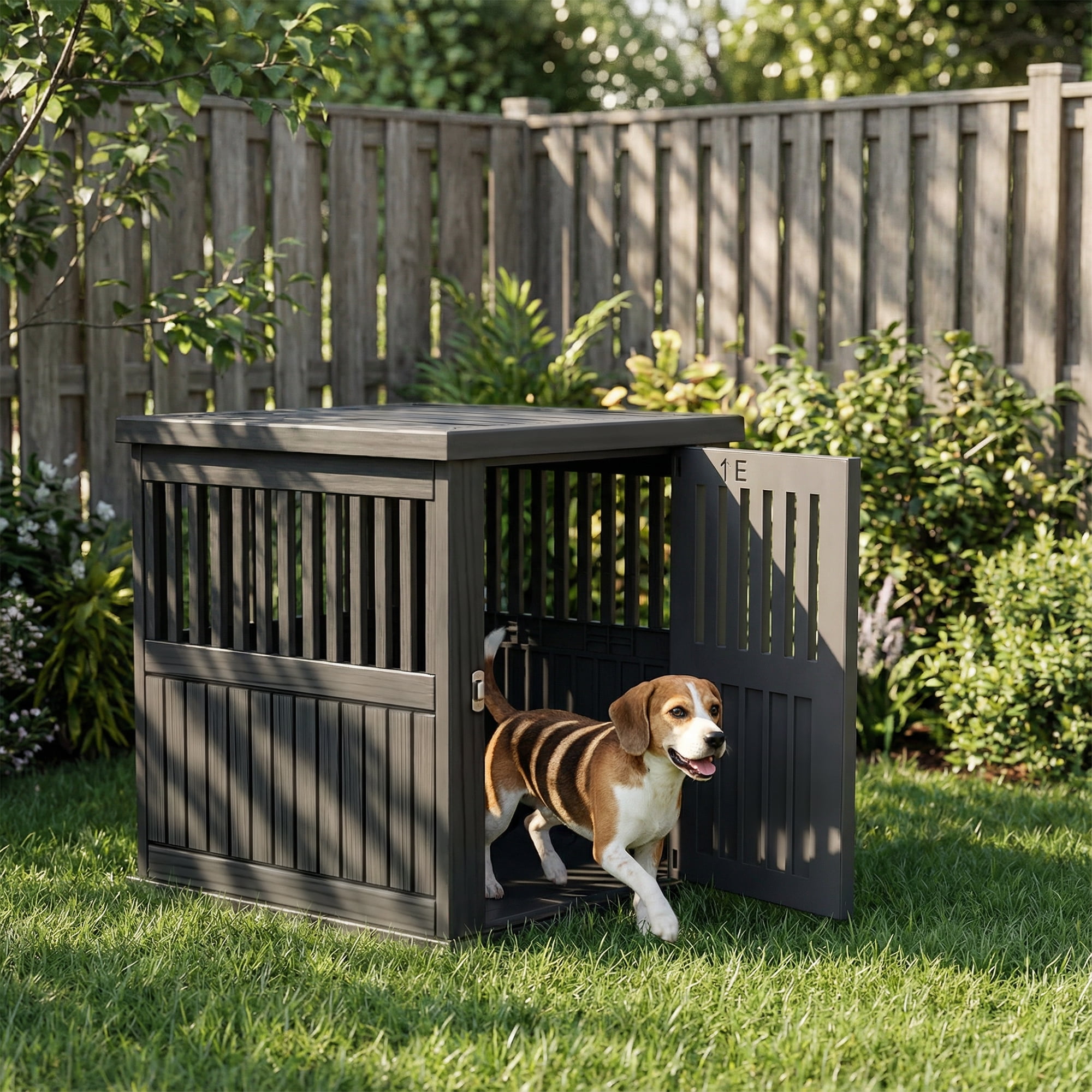 MAYEERTY Lockable Gate Pet Crate, Furniture-Style Kennel & Side Table for Home Patio, Black