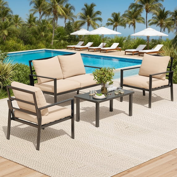 MAYEERTY Luxury Beige Metal Outdoor Furniture Set: 2 Single Chairs, 1 Double Loveseat, 1 Table