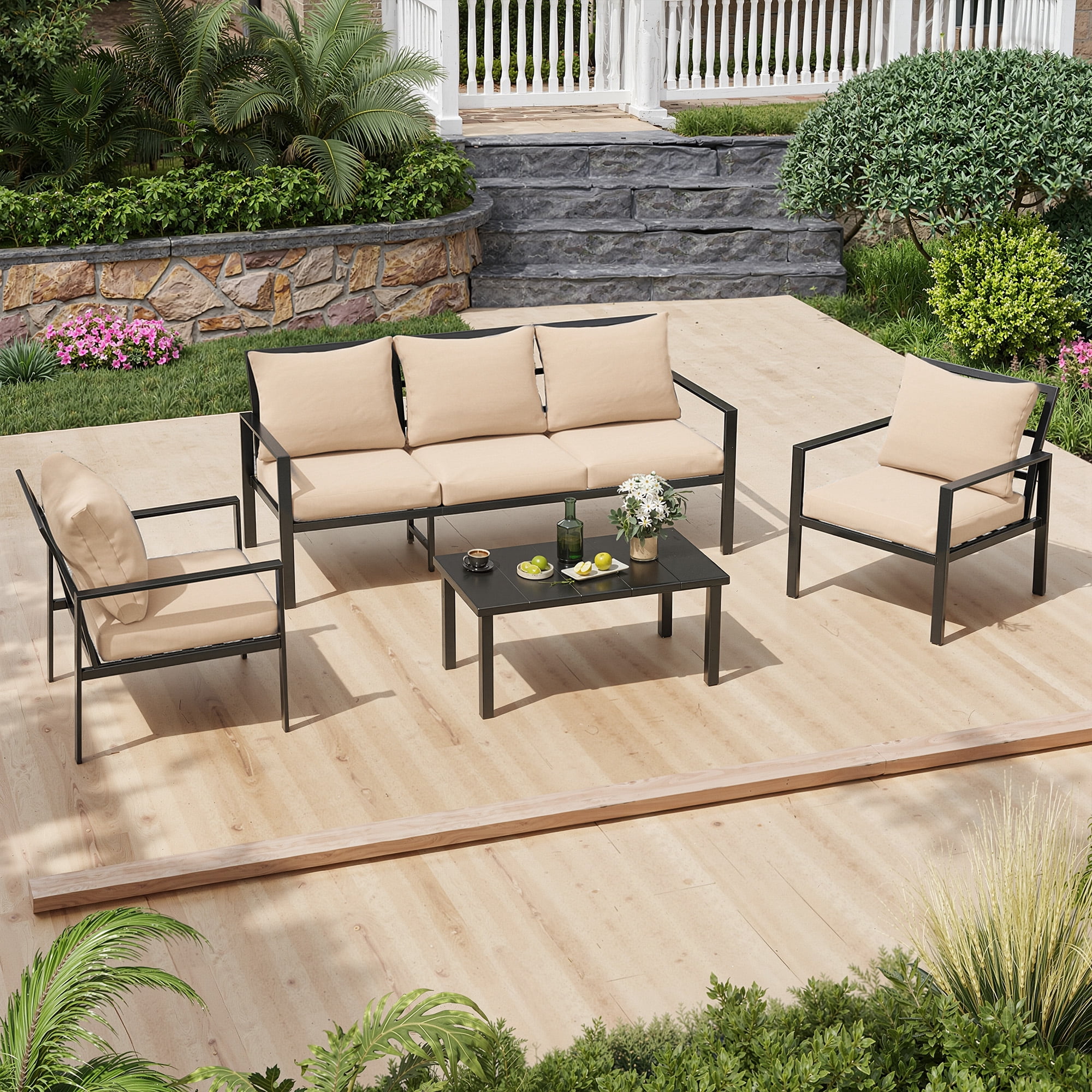 MAYEERTY Luxury Beige Metal Outdoor Furniture Set for Patio: 2 Single Chairs, 1 3-Seater, 1 Table