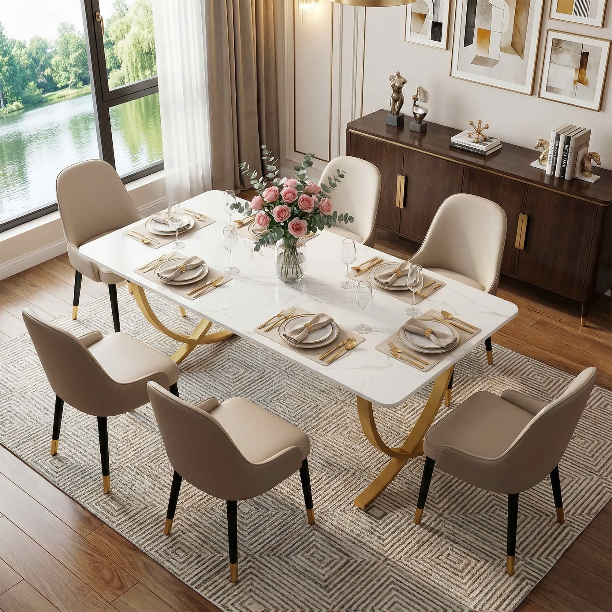 MAYEERTY Luxury Faux Marble Dining Table, 63 Inch Rectangular Modern Kitchen Table with Adjustable Foot Pads for Home Cafe Office