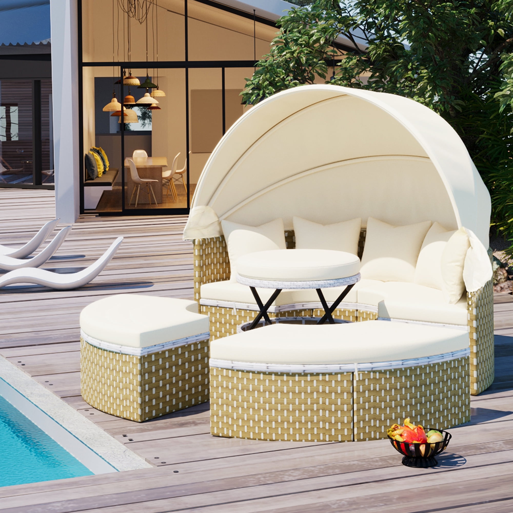 MAYEERTY Luxury Outdoor Round Sectional Sofa Set – Rattan Daybed with Retractable Canopy, Adjustable Table & Removable Cushions