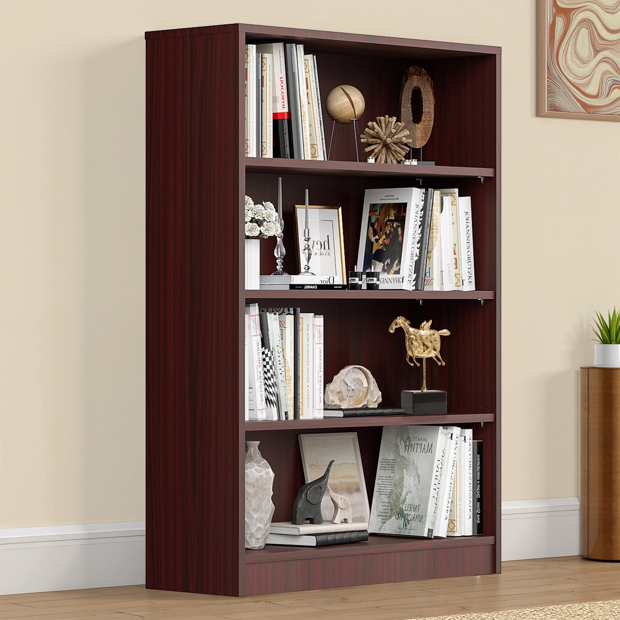 MAYEERTY Mahogany 4-Shelf Modern Wood Bookcase, 48" Tall, for Bedroom, Living Room, and Manga Library