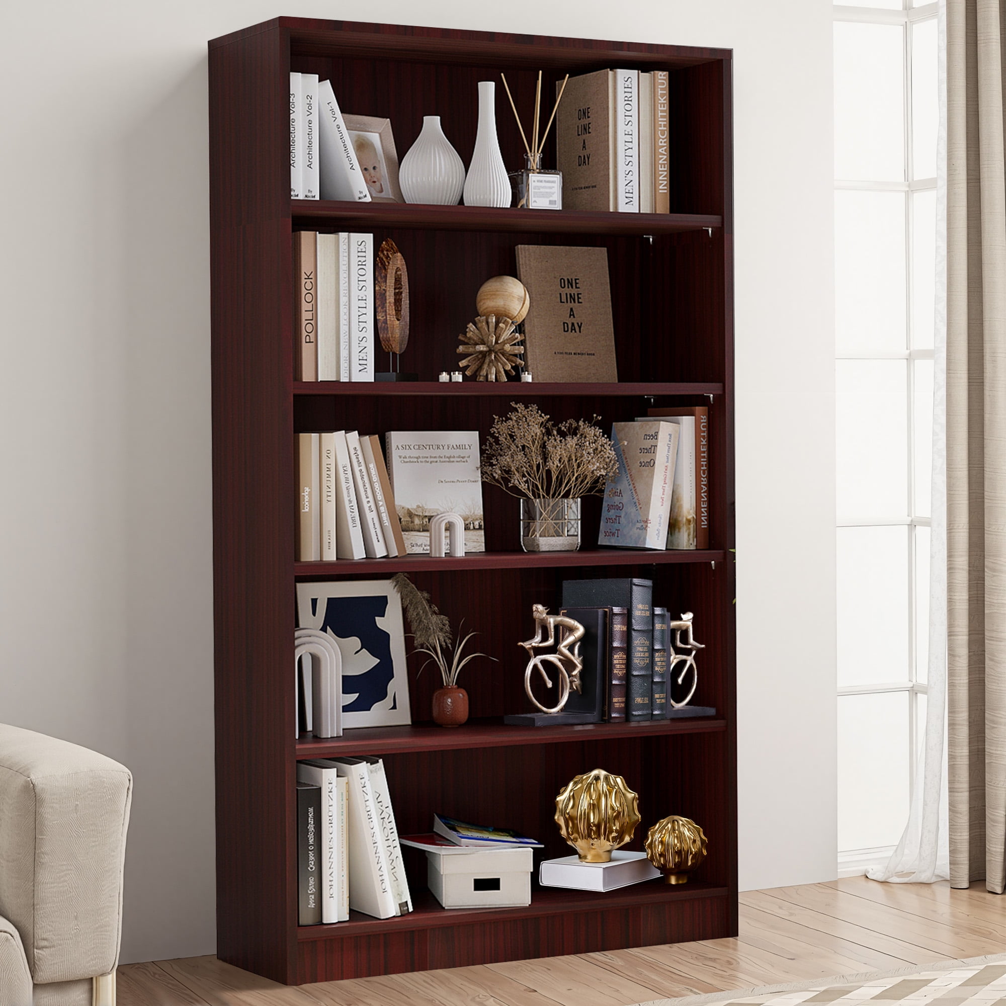 MAYEERTY Mahogany 5-Shelf Modern Wood Bookcase, 60" Tall, for Bedroom, Living Room, and Manga Library