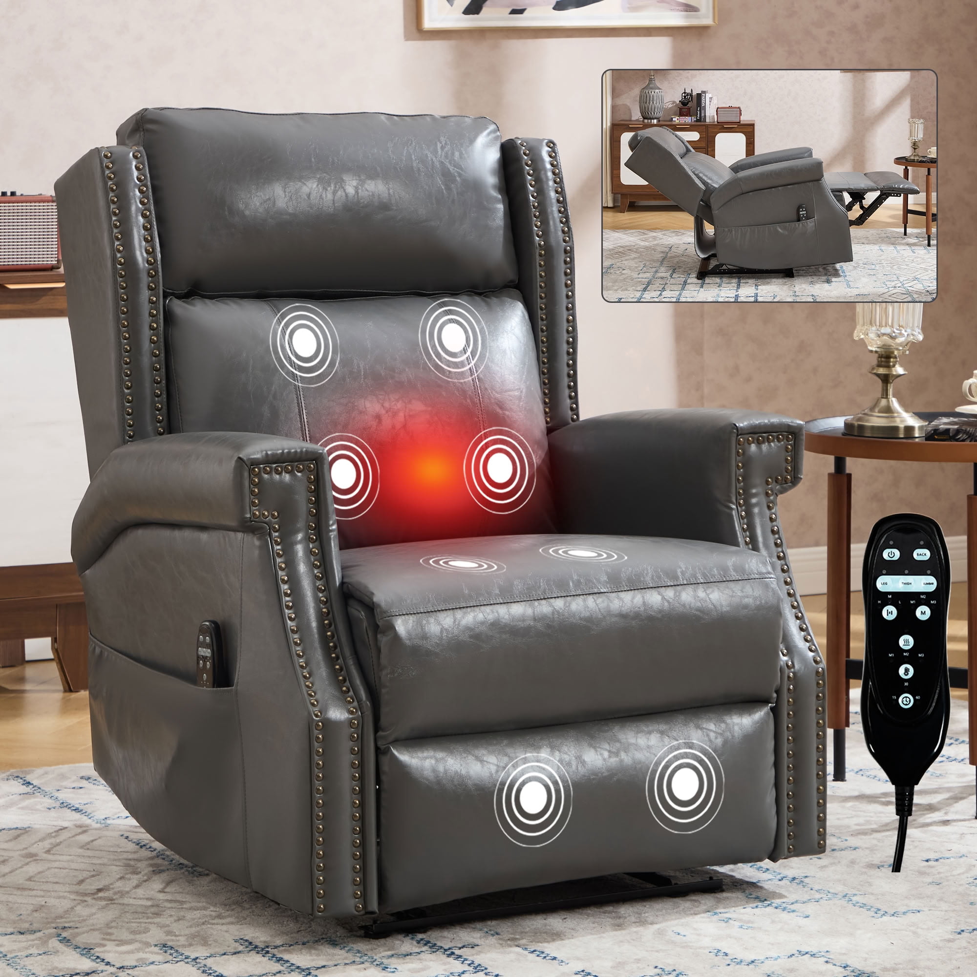 MAYEERTY Manual Massage Recliner Chair, Faux Leather Lounge Armchair with Nailhead Trim & Lumbar Heat, for Living Room Home Theater