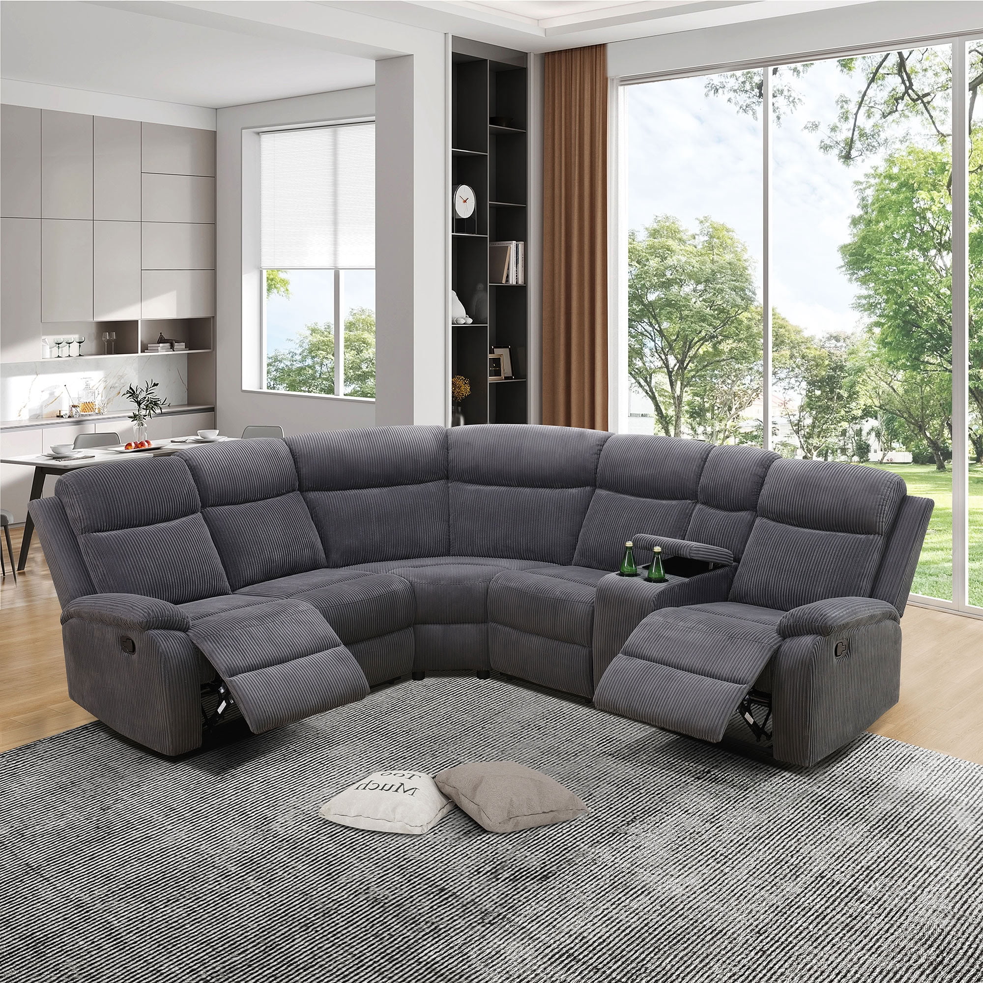 MAYEERTY Manual Reclining L-Shaped Sectional Sofa, Corduroy Recliner with Storage & Cup Holders, Adjustable Backrest Home Theater Seating for Living Room