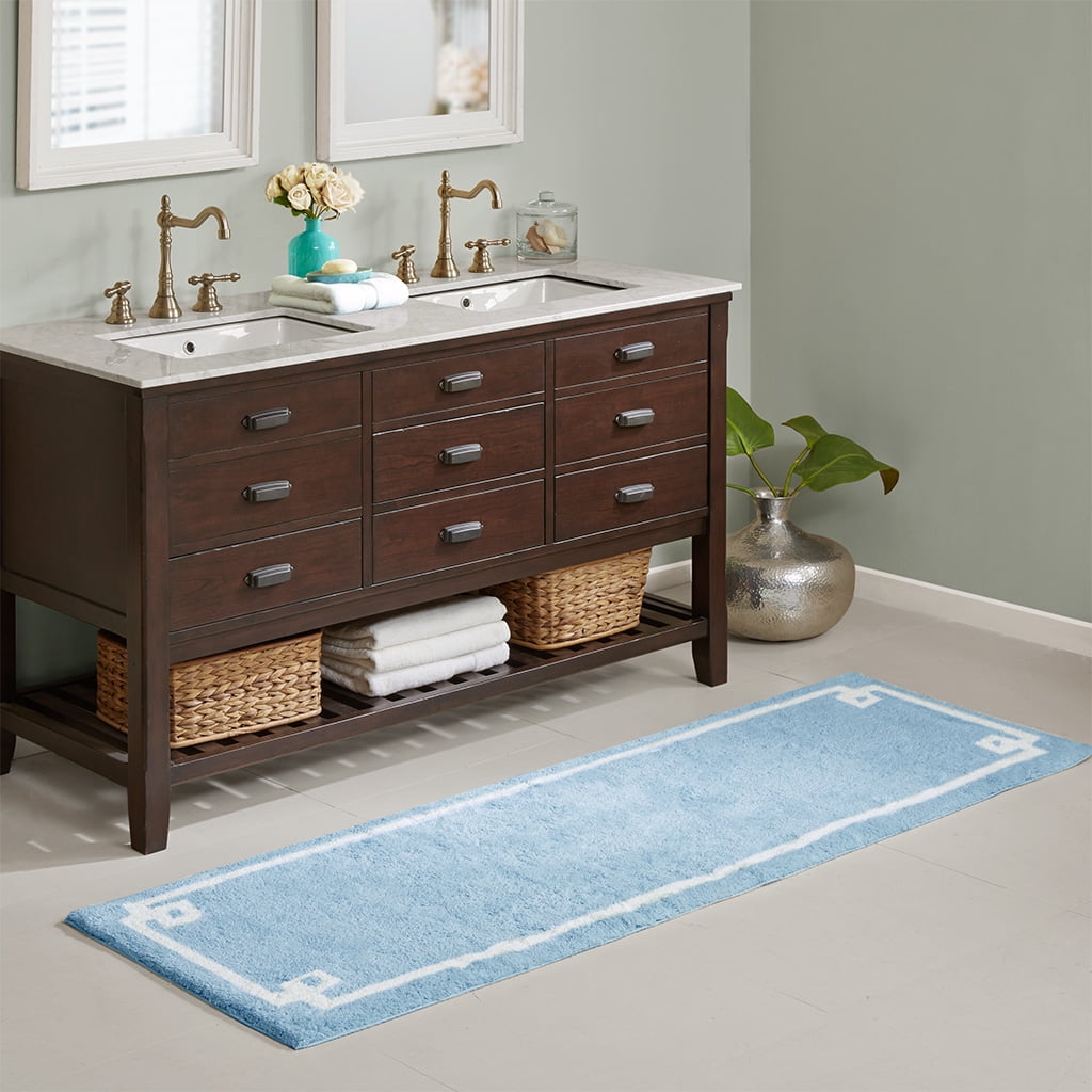 MAYEERTY Medium Pile Cotton Tufted Bathroom Rug, Blue, 24"W x 72"L
