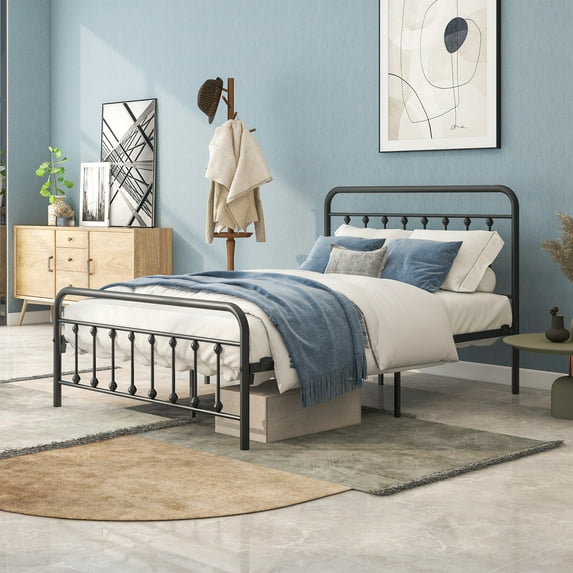 MAYEERTY Metal Bed Frame Full Size Platform No Box Spring Needed with Vintage Headboard and Footboard Premium Steel Slat Support,Black