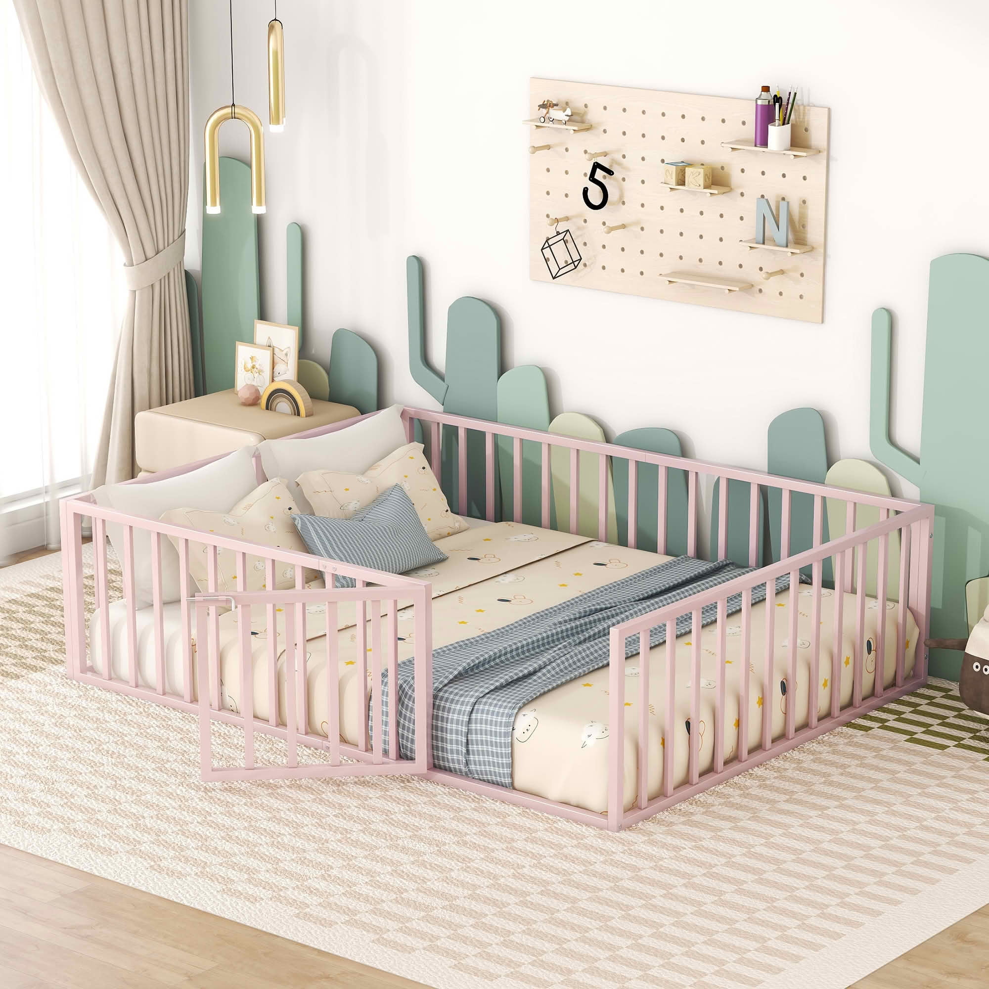 MAYEERTY Metal Floor Bed Frame with Fence and Openable Door Kids Play and Sleep Space