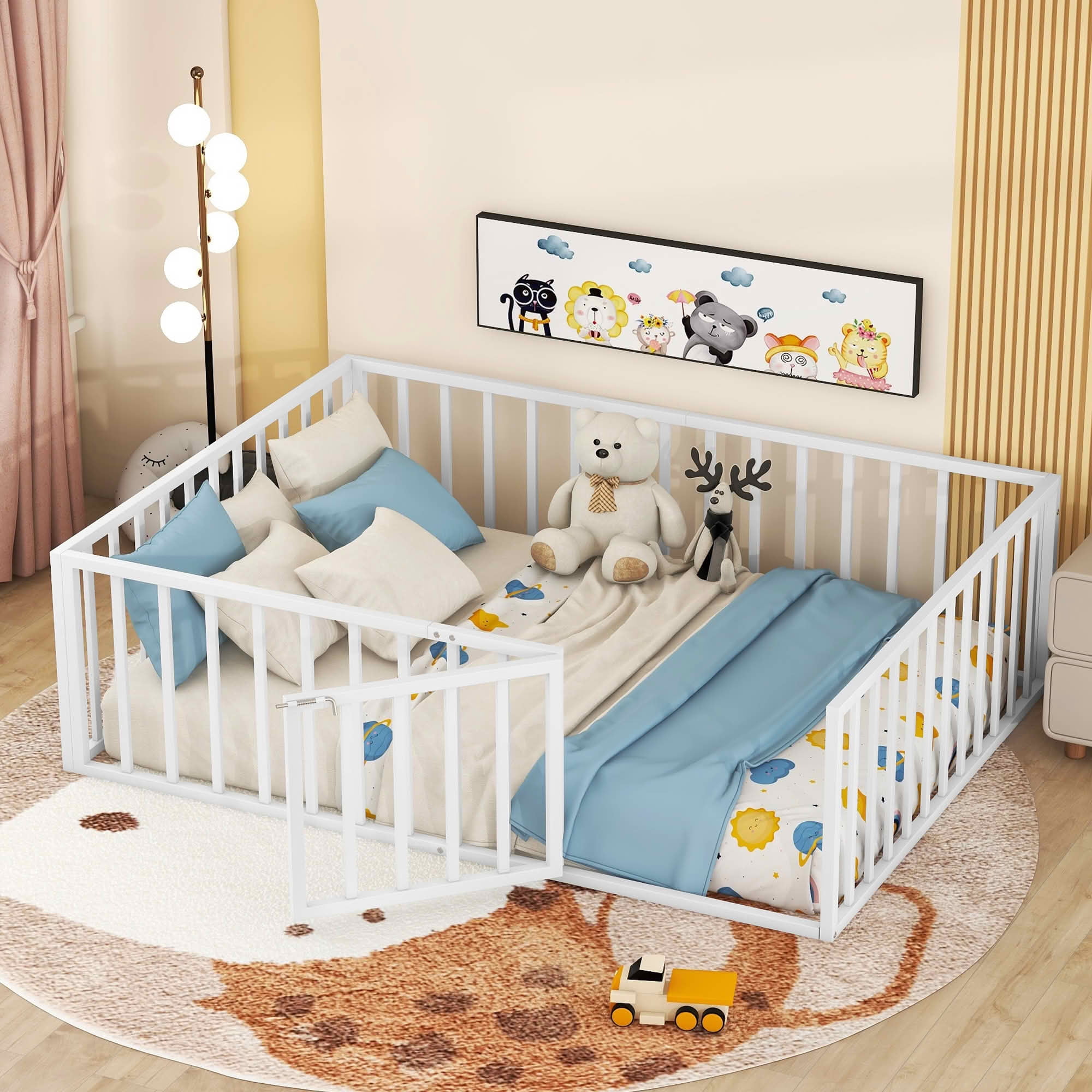 MAYEERTY Metal Floor Bed Frame with Fence and Openable Door Kids Play and Sleep Space