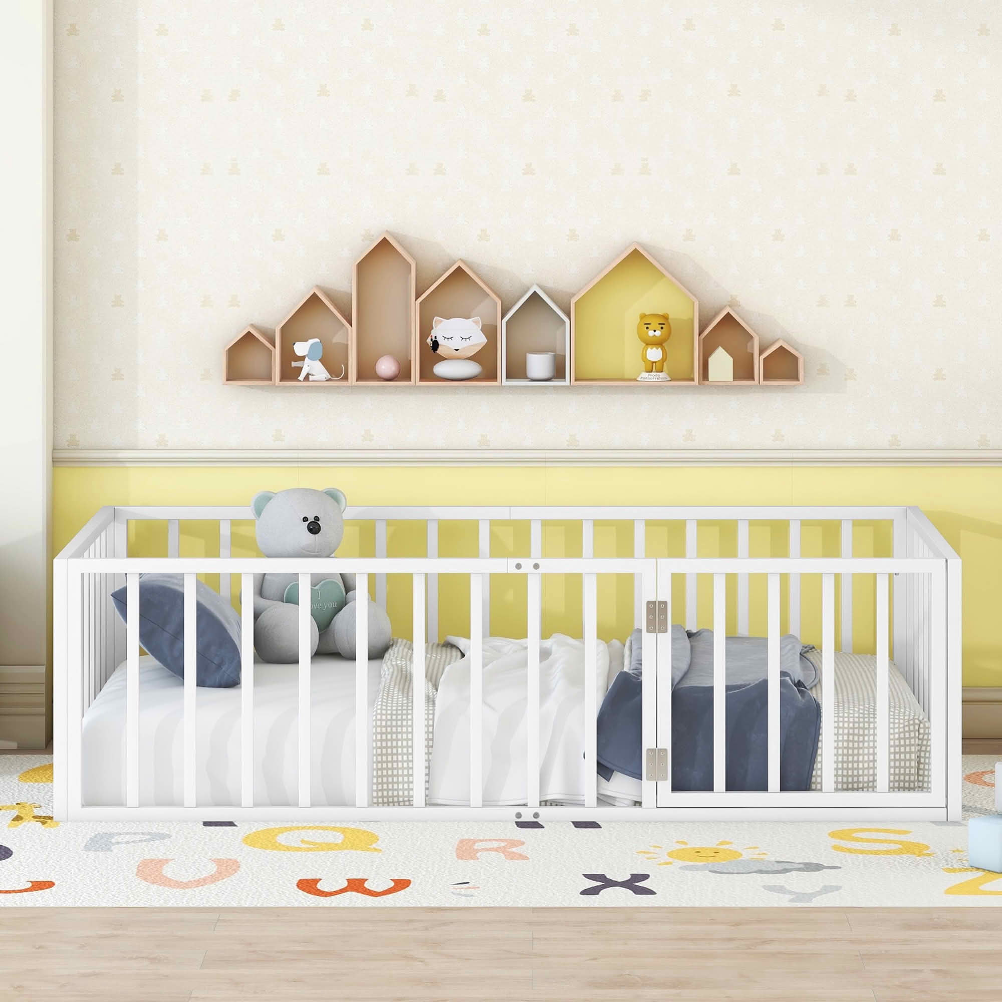 MAYEERTY Metal Floor Bed Frame with Fence and Openable Door Kids Play and Sleep Space