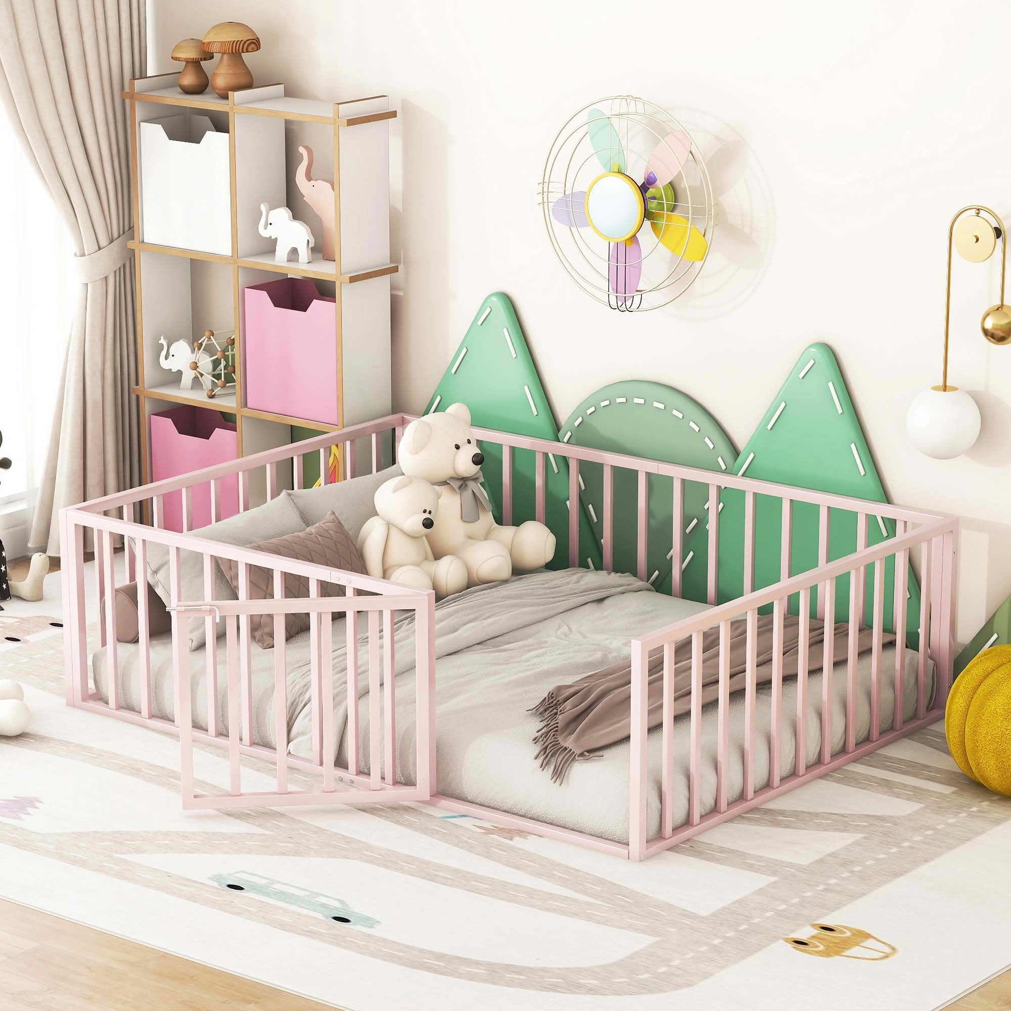 MAYEERTY Metal Floor Bed Frame with Fence and Openable Door Kids Play and Sleep Space