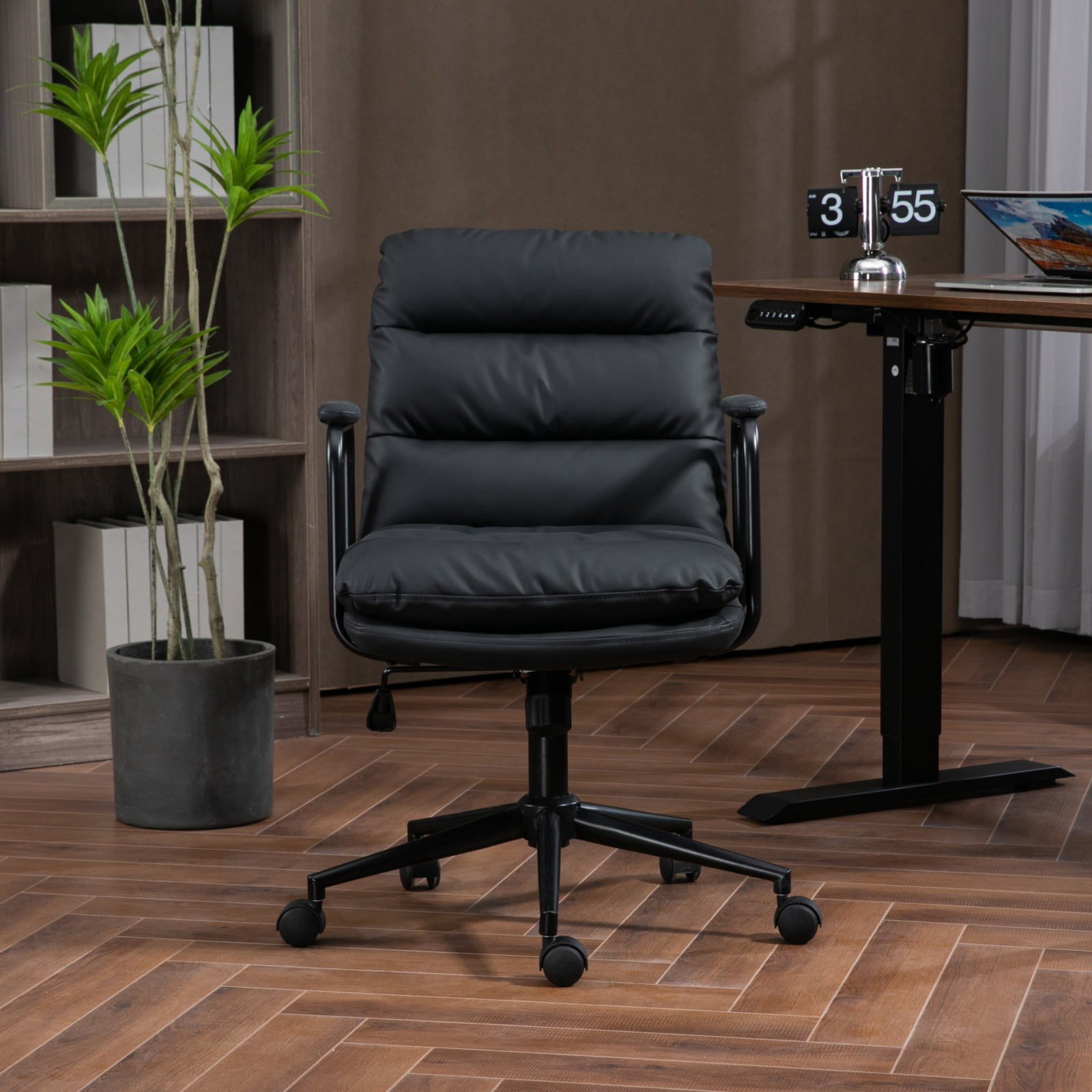 MAYEERTY Mid-Back Office Chair - PU Leather, Ergonomic, Padded Armrests, 40掳 Recline, Rolling Swivel, Black