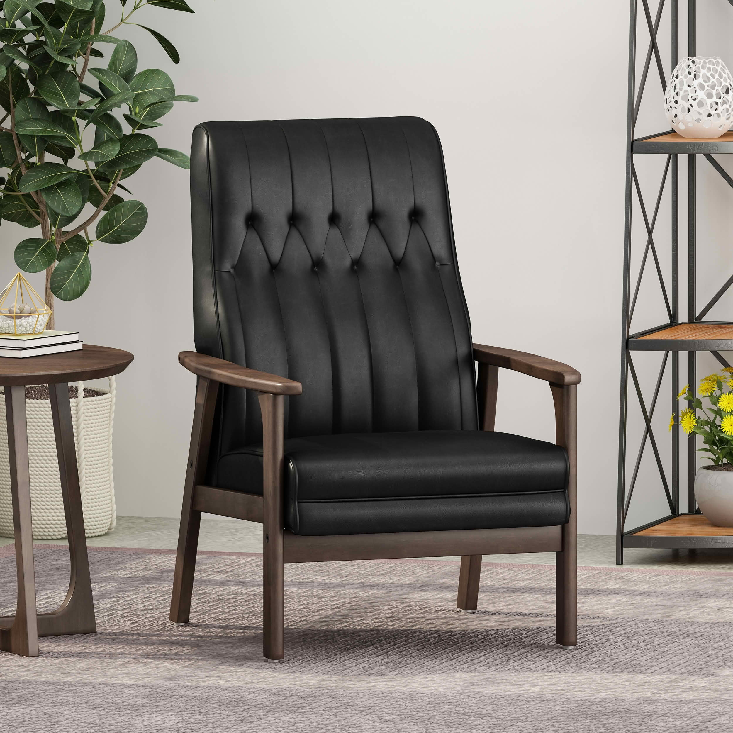 MAYEERTY Mid Century Modern Accent Chair, Matte Black Faux Leather Upholstered, for Living Room & Bedroom