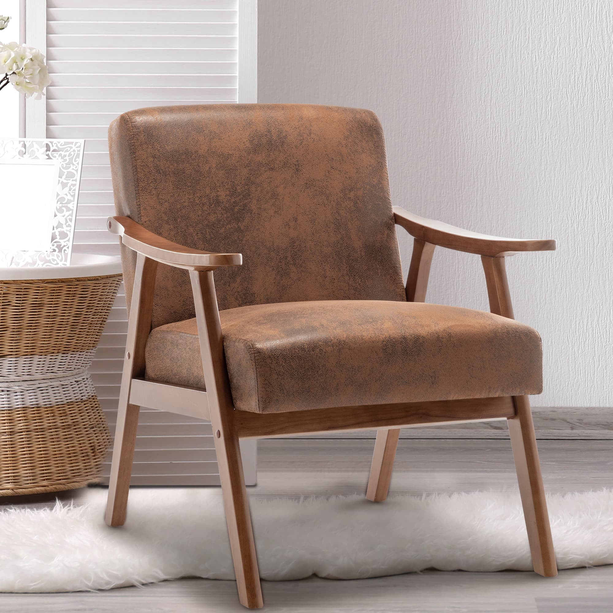 MAYEERTY Mid-Century Modern Chair Solid Wood Frame Accent Chair Extra-Thick Backrest Wingback Lounge Indoor Living Room Bedroom Reading Room