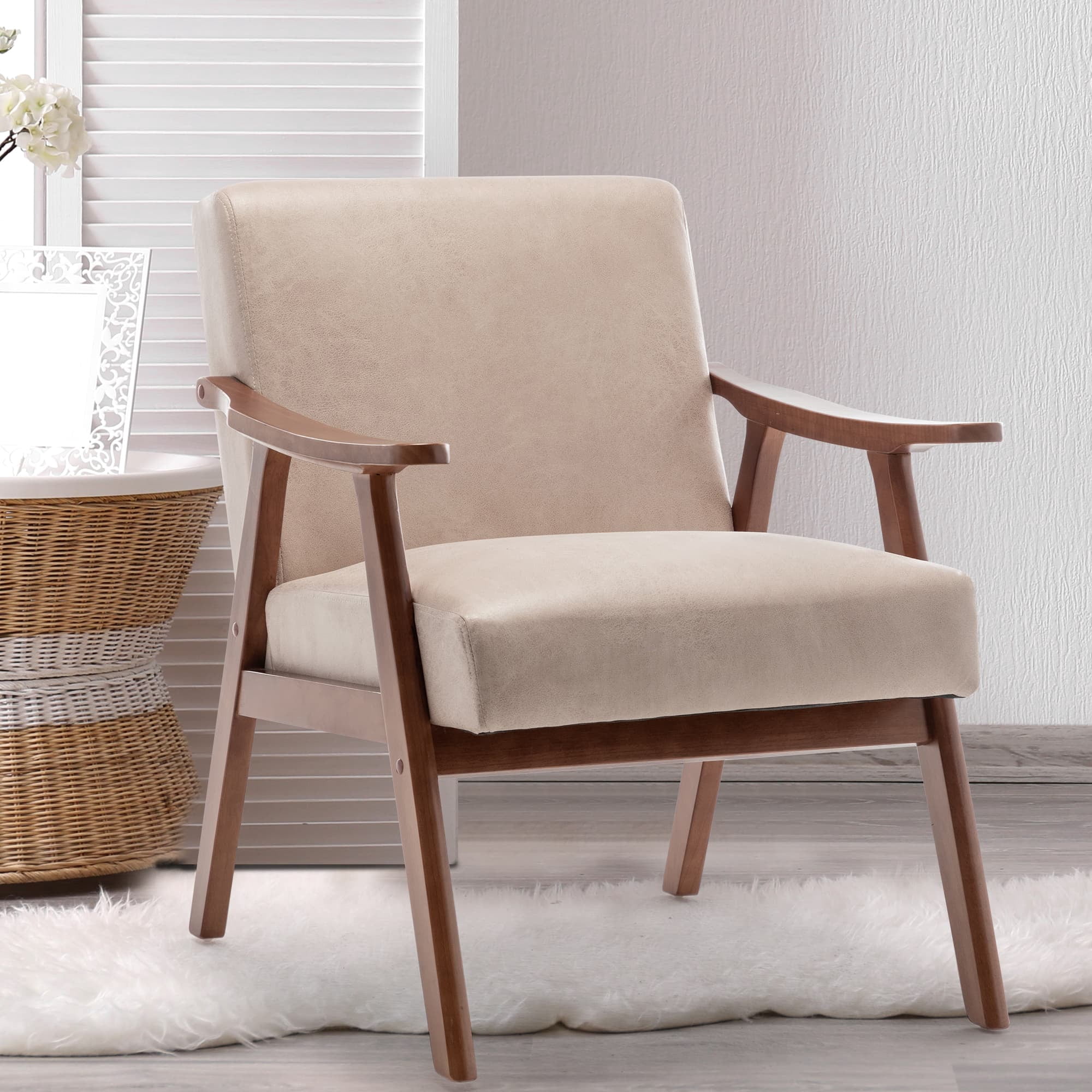 MAYEERTY Mid-Century Modern Chair Solid Wood Frame Accent Chair Extra-Thick Backrest Wingback Lounge Indoor Living Room Bedroom Reading Room