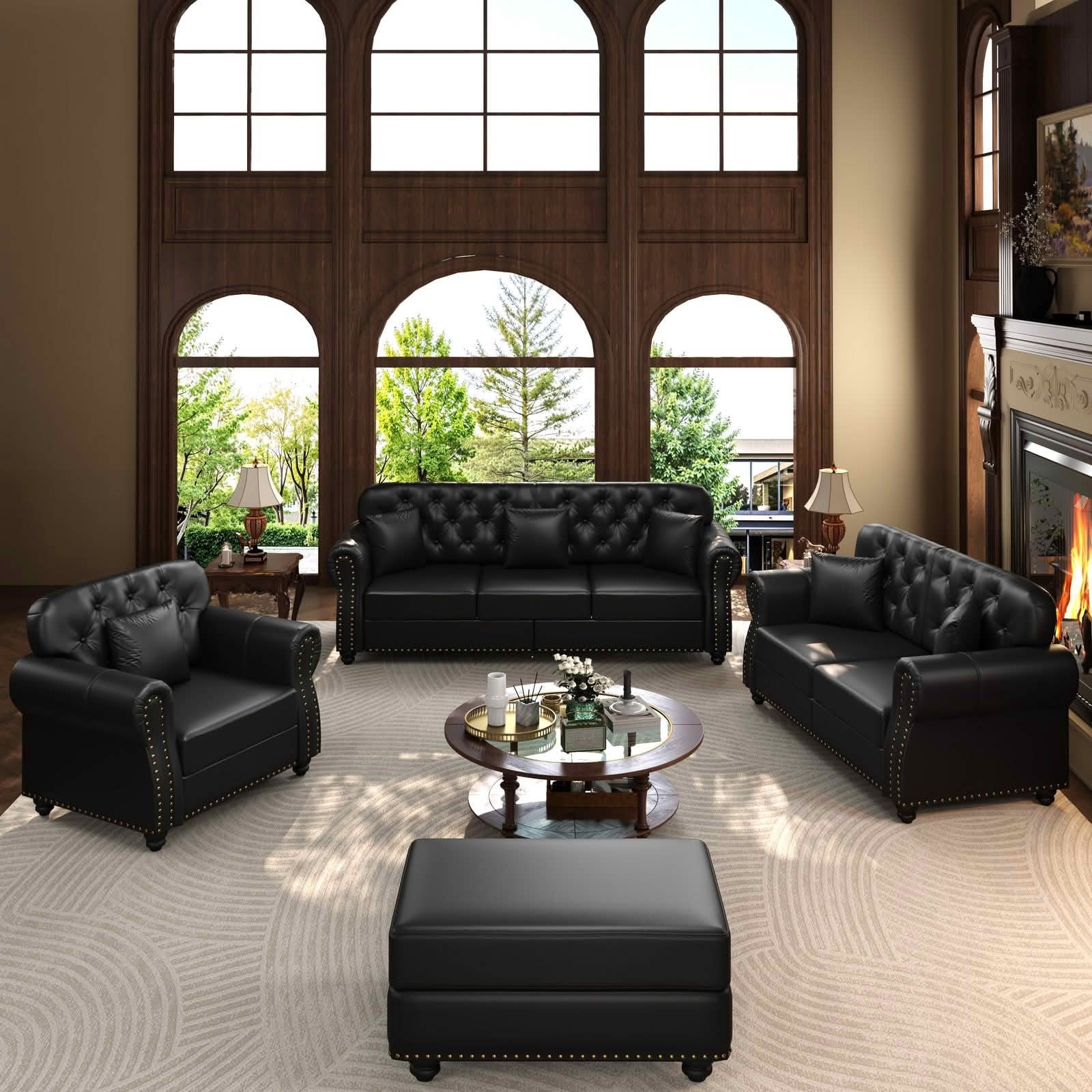 MAYEERTY Mid‑Century Modern Chesterfield Sofa Set, Faux Leather Upholstered 1+2+3 Seater Combination Couch with Button Tufted, Nailhead Trim & Rolled Armrests, Includes 6 Pillows