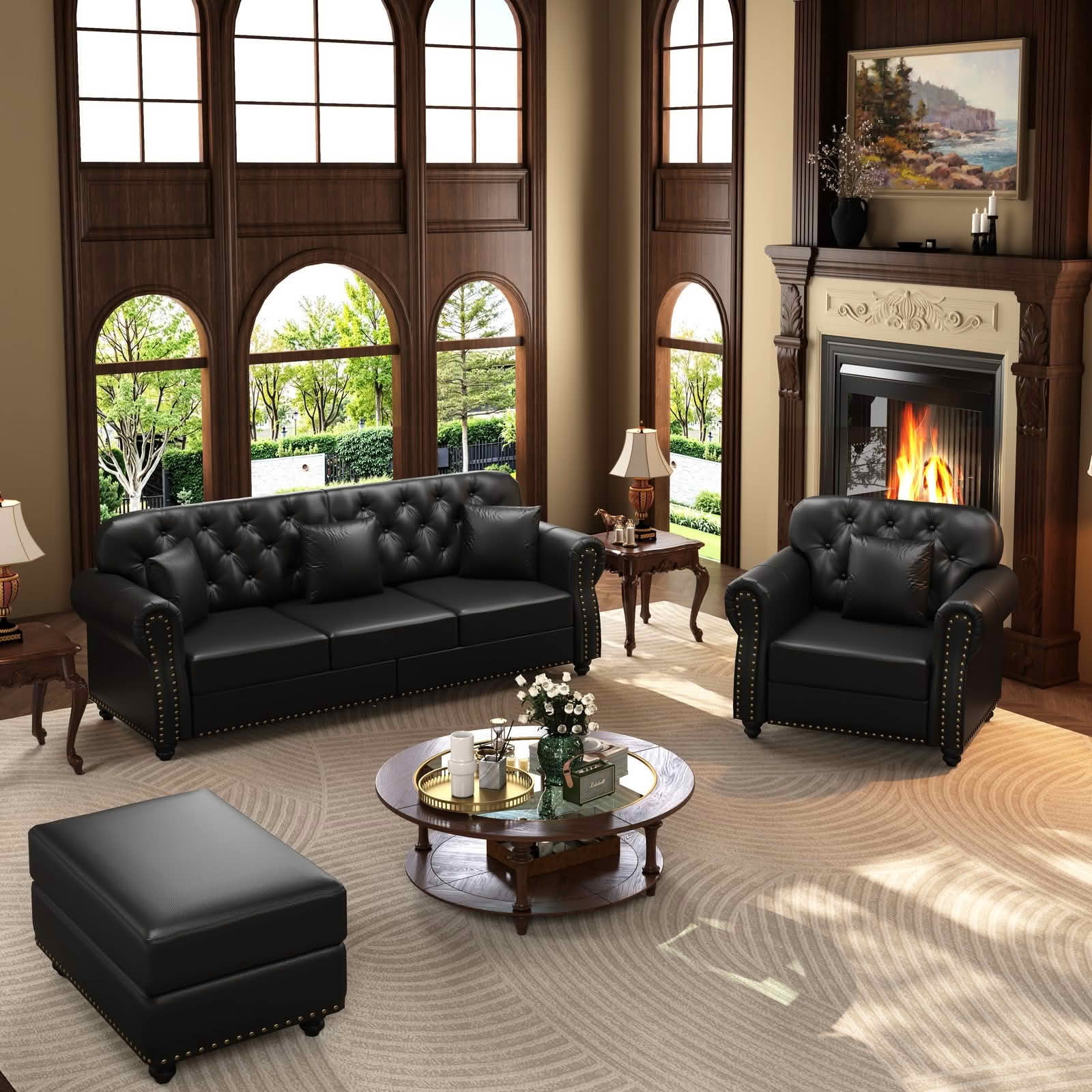 MAYEERTY Mid‑Century Modern Chesterfield Sofa Set, Faux Leather Upholstered 1+3 Seater Combination Couch with Button Tufted, Nailhead Trim & Rolled Armrests, Includes 4 Pillows