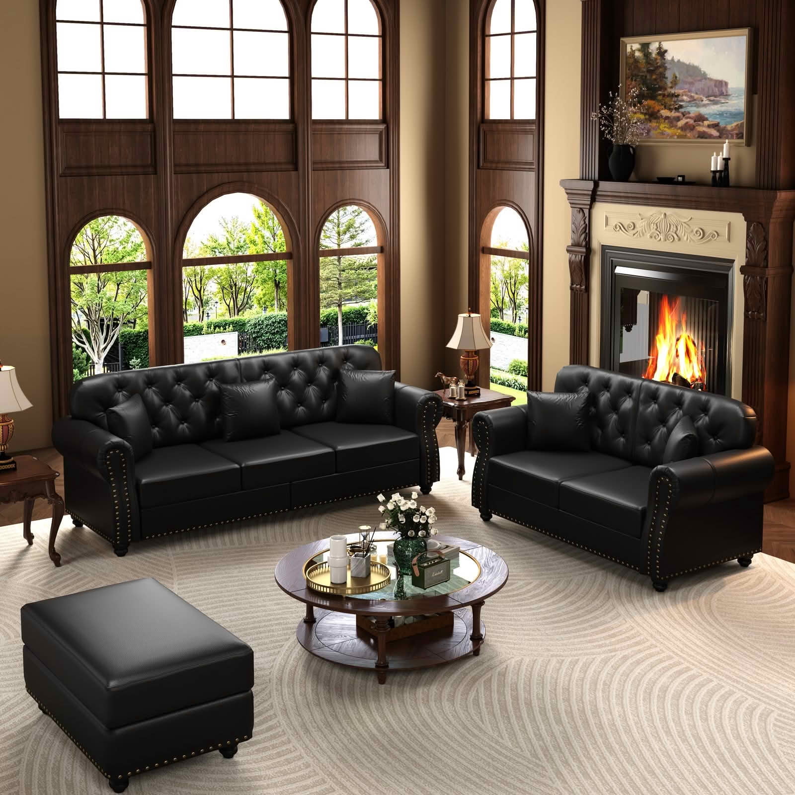 MAYEERTY Mid‑Century Modern Chesterfield Sofa Set, Faux Leather Upholstered 2+3 Seater Combination Couch with Button Tufted, Nailhead Trim & Rolled Armrests, Includes 5 Pillows
