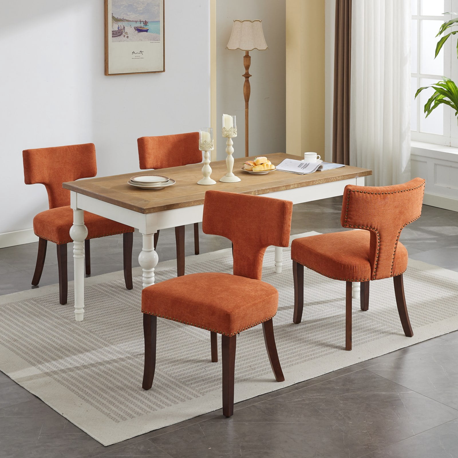MAYEERTY Mid-Century Modern Dining Chairs - Farmhouse Linen, Curved Back, Copper Nails, Hardwood Frame, Orange, Set of 2