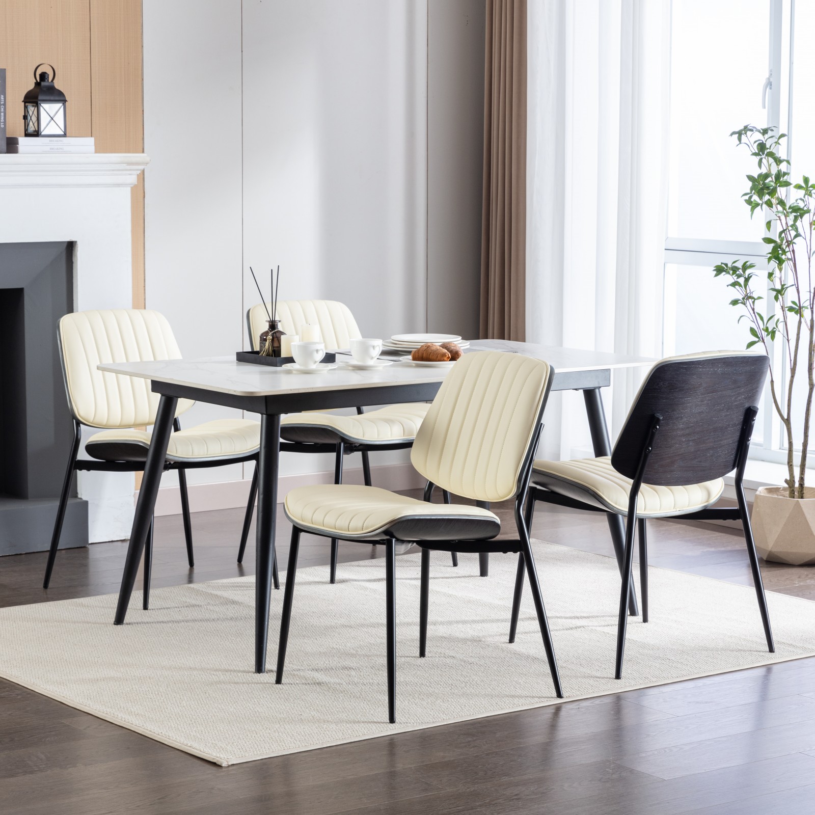 MAYEERTY Mid-Century Modern Dining Chairs - Faux Leather, Walnut Bentwood Back, Metal Legs, Adjustable Foot, Beige PU, Set of 2