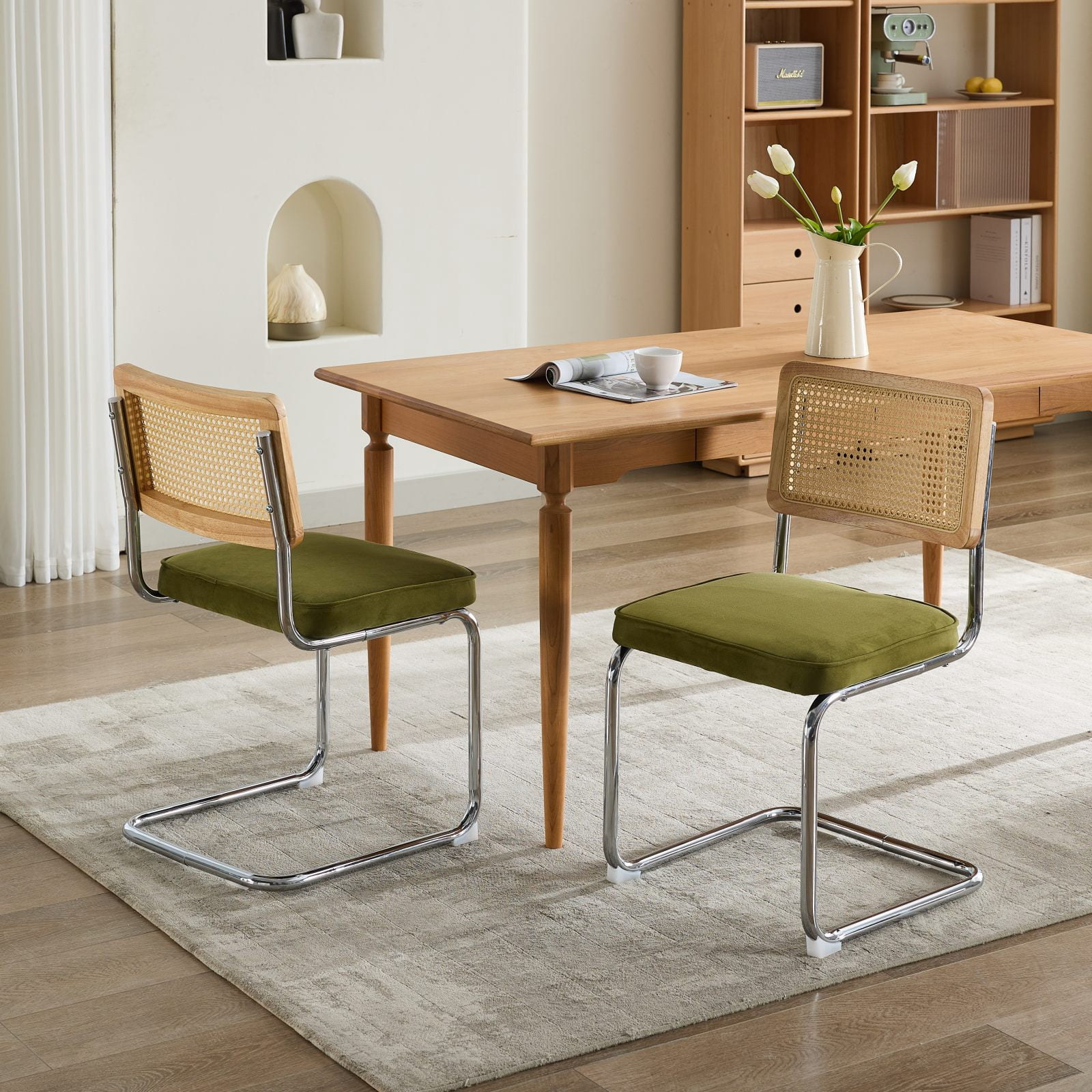 MAYEERTY Mid-Century Modern Dining Chairs - Velvet, Natural Cane Back, Chrome Base, Breuer-Designed, Olive Green, Set of 2