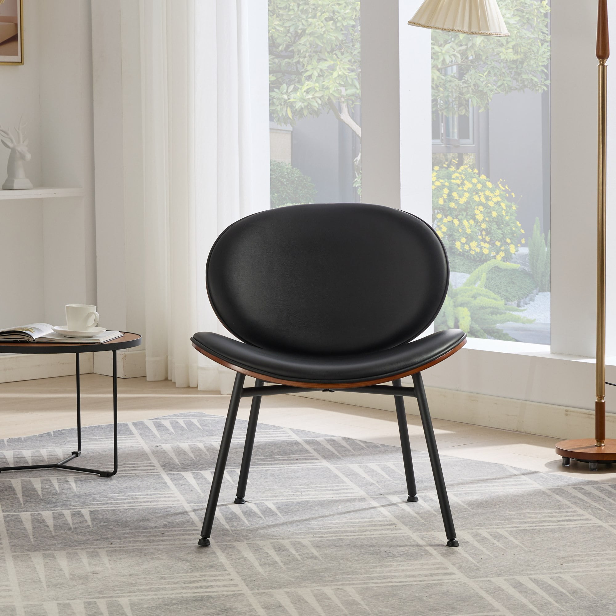 MAYEERTY Mid-Century Modern Shell Chair - Tripod Base, Black Leather, Walnut Finish, Comfortable Backrest, Black