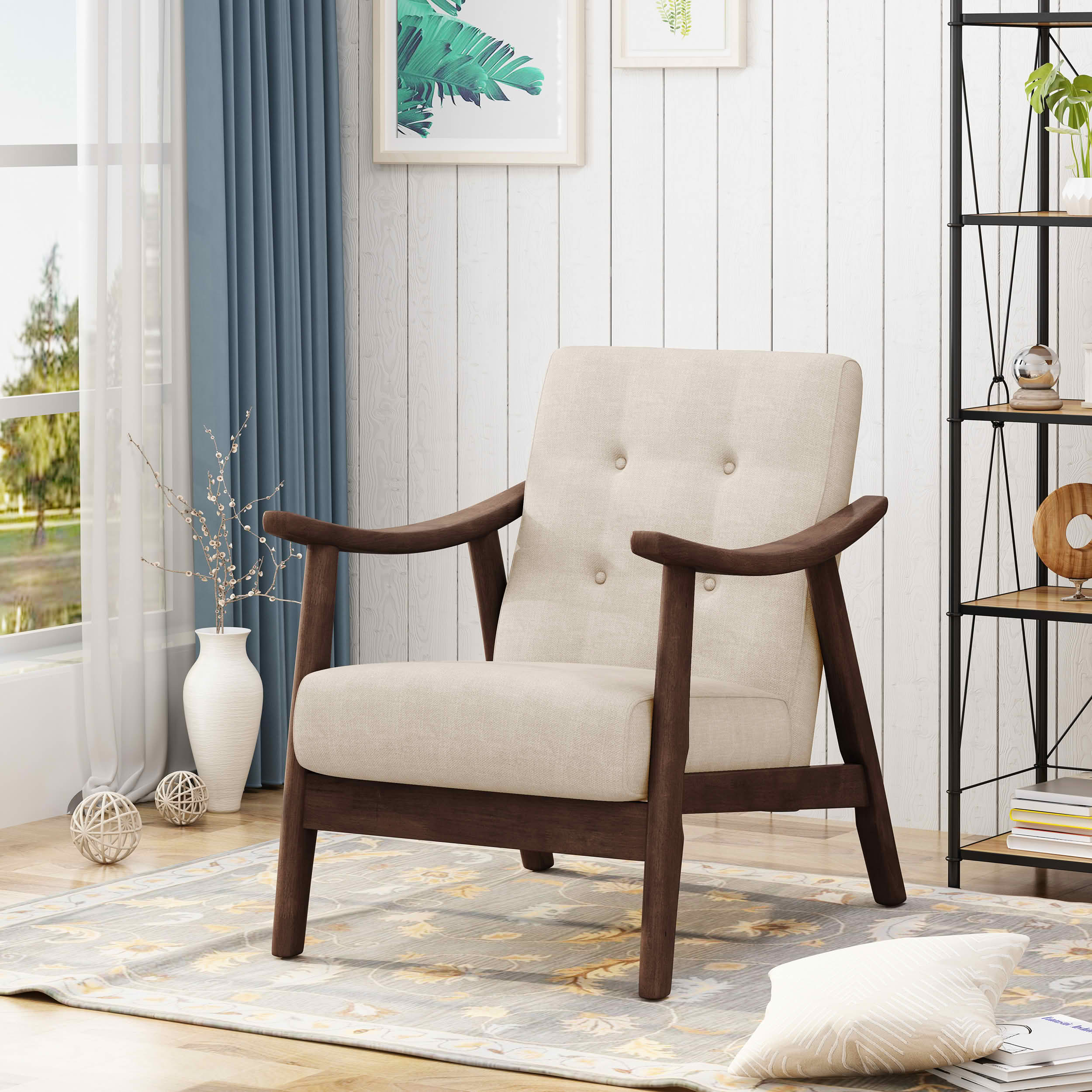 MAYEERTY Mid-Century Modern Tufted Accent Armchair, Beige Upholstery & Brown Frame, for Living Room & Bedroom, 1-Piece
