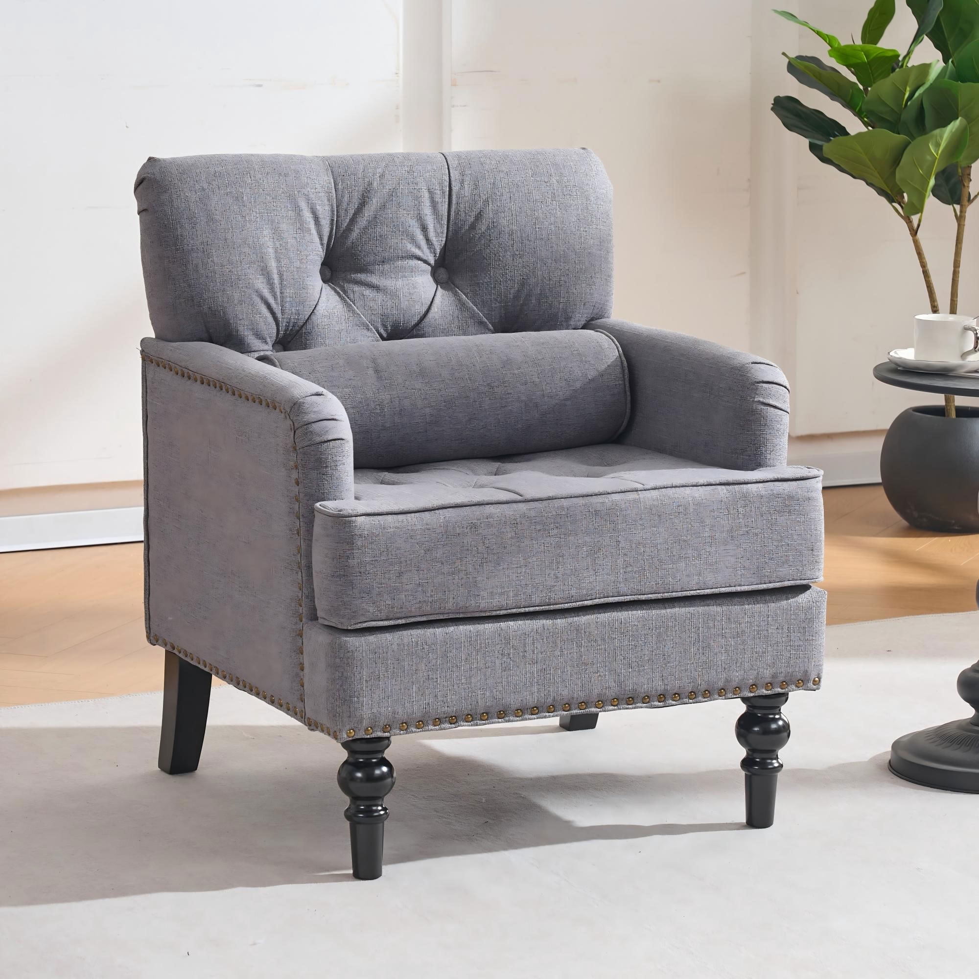 MAYEERTY Mid Century Tufted Accent Chair with Pillow, Upholstered Armchair with Rubber Wood Legs, for Living Room Bedroom